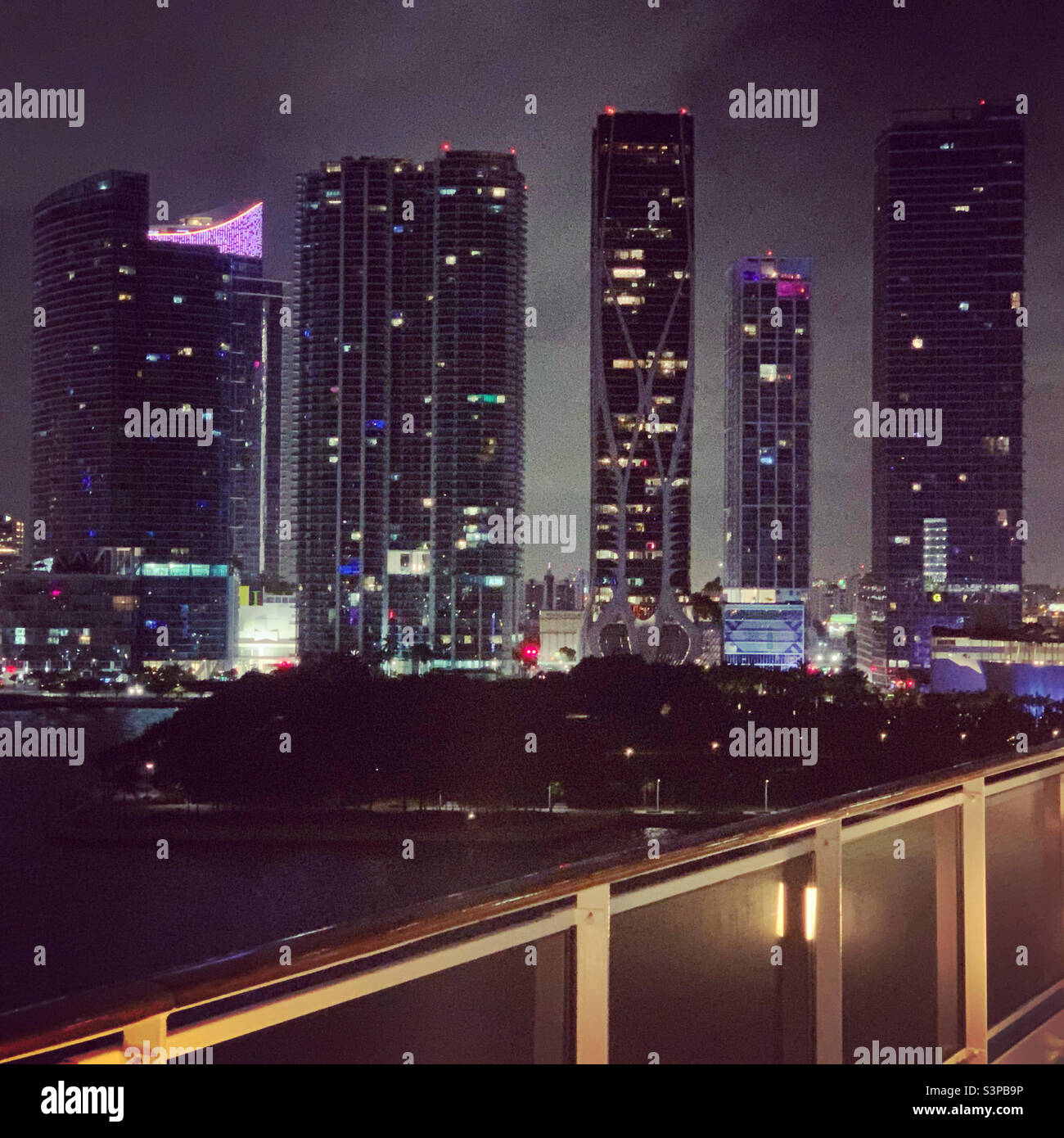 January, 2022, Very early morning on a cruise ship at the end of of three-day cruise to the Bahamas, returning to port in Miami, Florida, United States - Smartphone Captured Stock Image