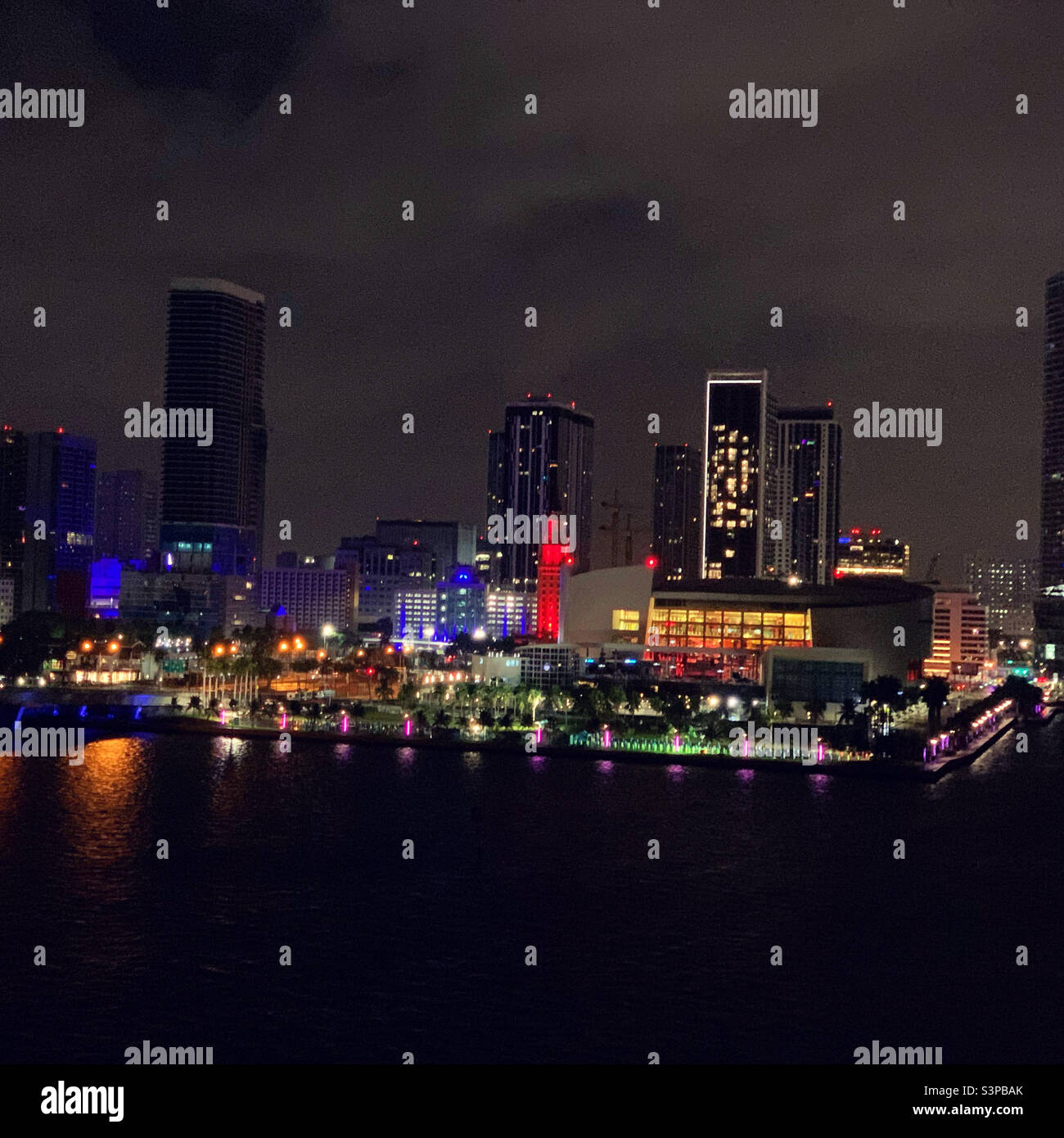 January, 2022, view very early in the morning from a cruise ship at the end of a three-day Bahamas cruise, returning to port in Miami, Florida, United States - Smartphone Captured Stock Image