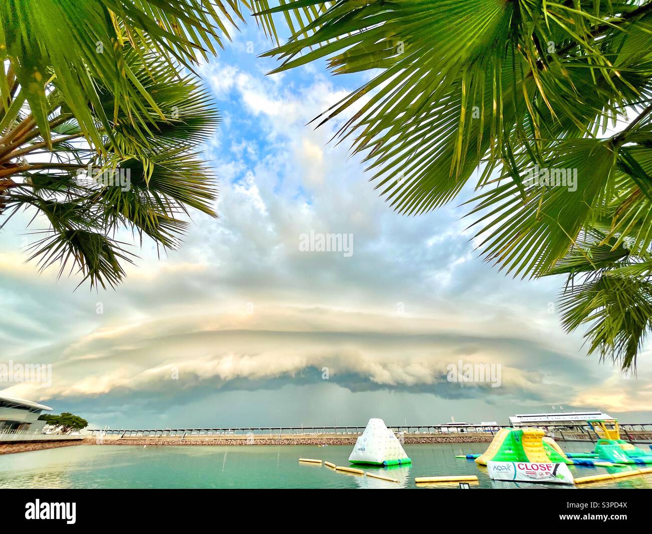 Storm shelf cloud over Stokes Hill Wharf in Darwin, Northern Territory, Australia. - Smartphone Captured Stock Image