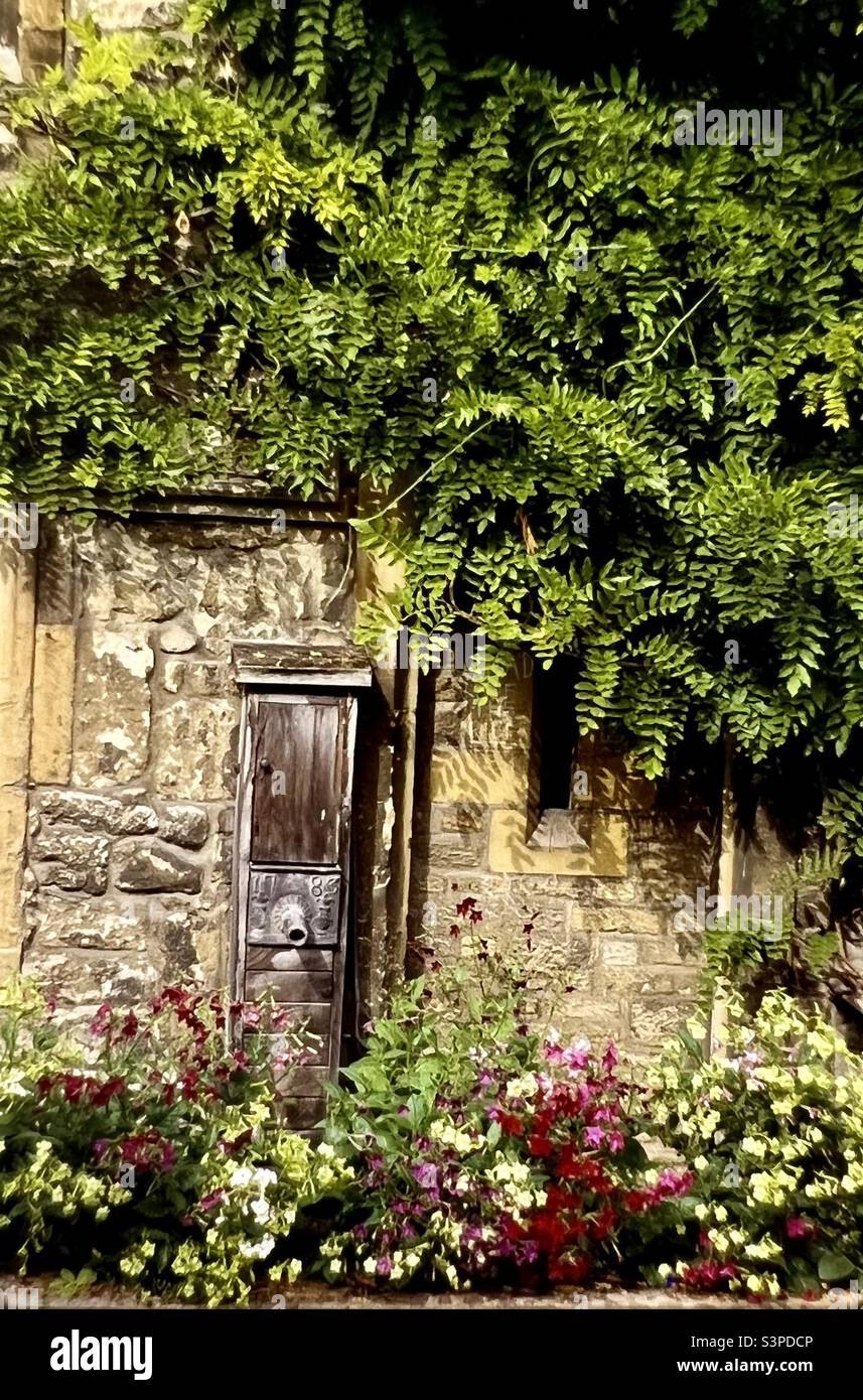 Cambridge Garden with 18th century details and water spout - Smartphone Captured Stock Image