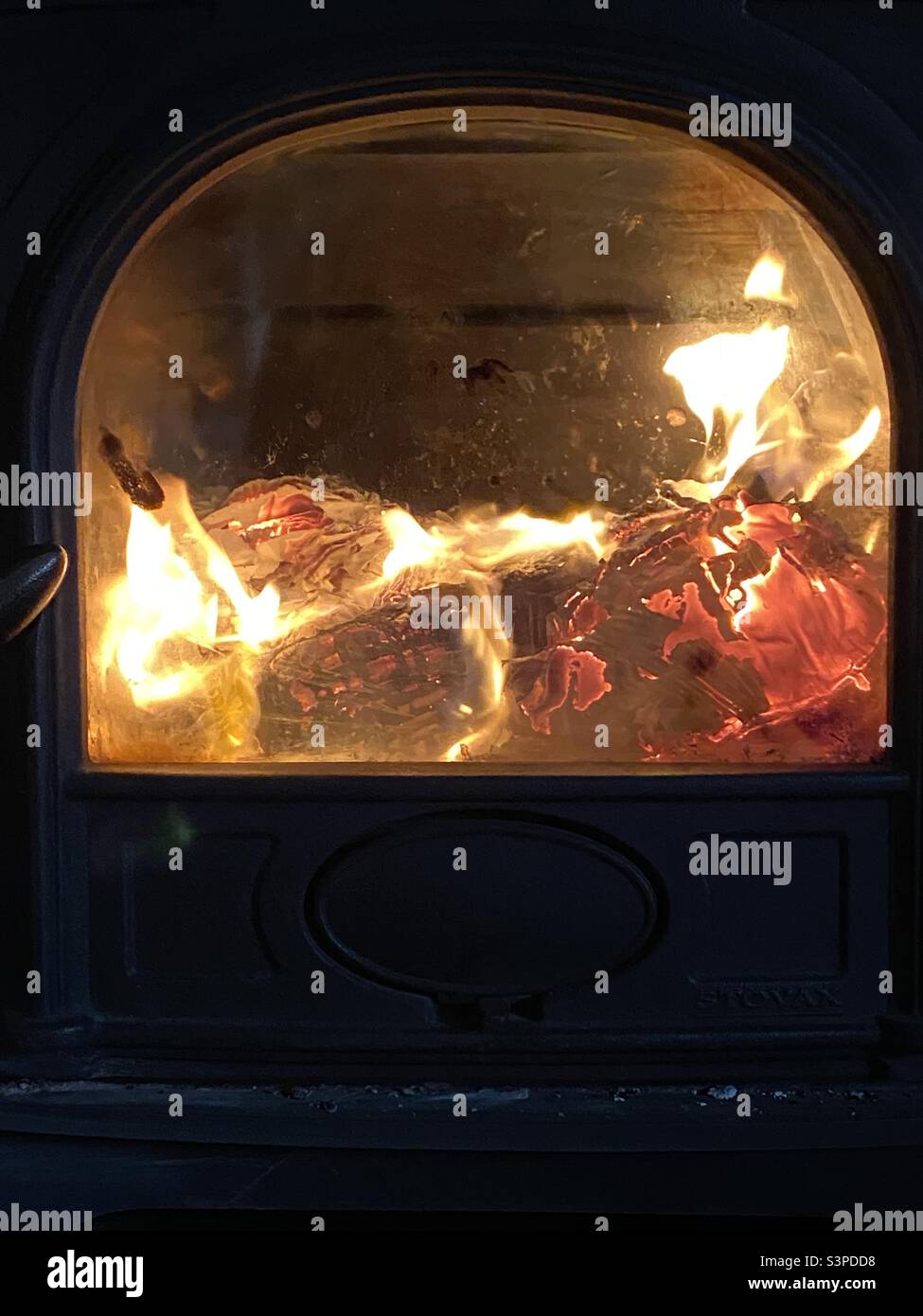 Closeup of log burner window Stock Photo