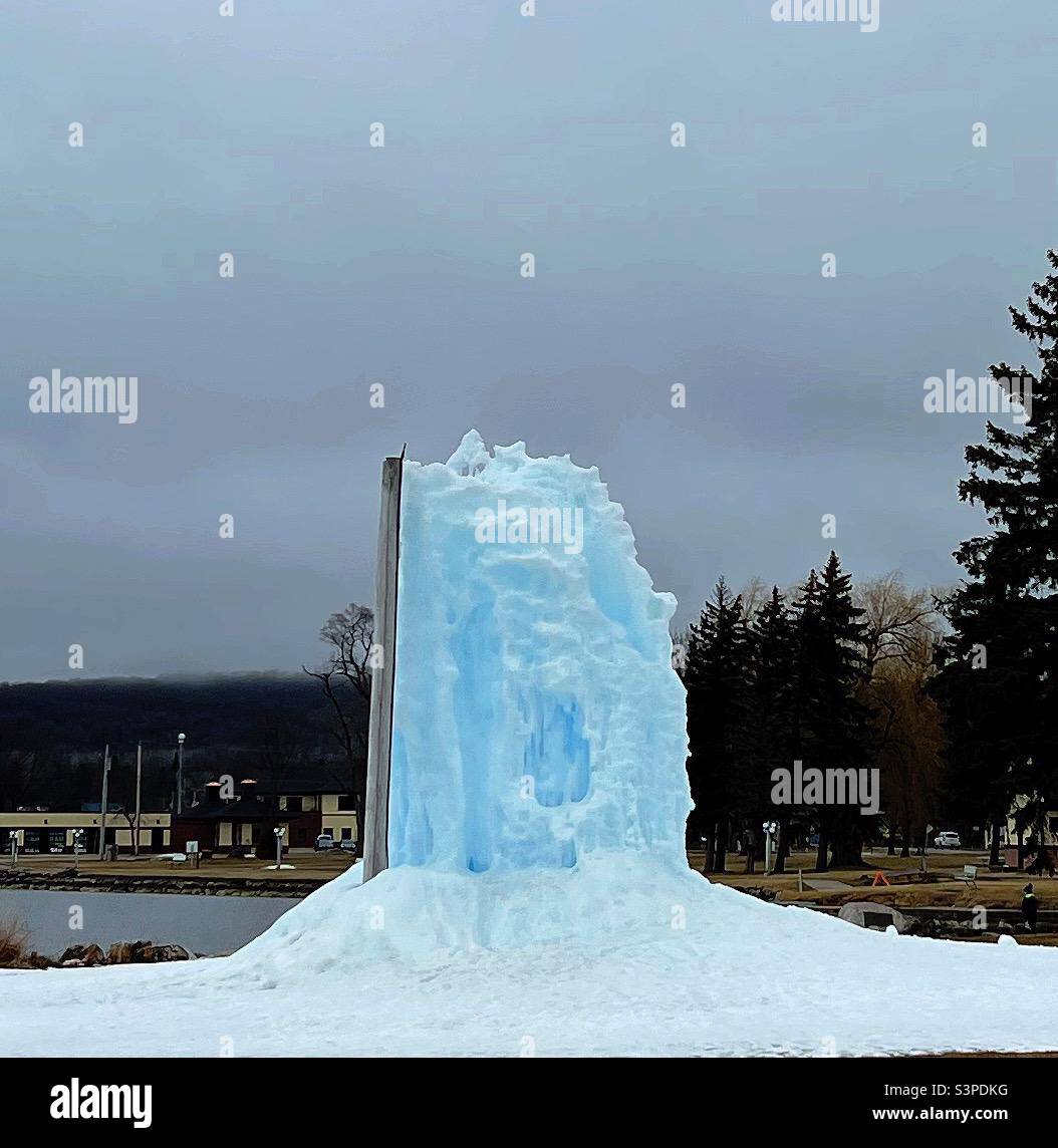 Frozen fountain in Boyne City Michigan. Stock Photo