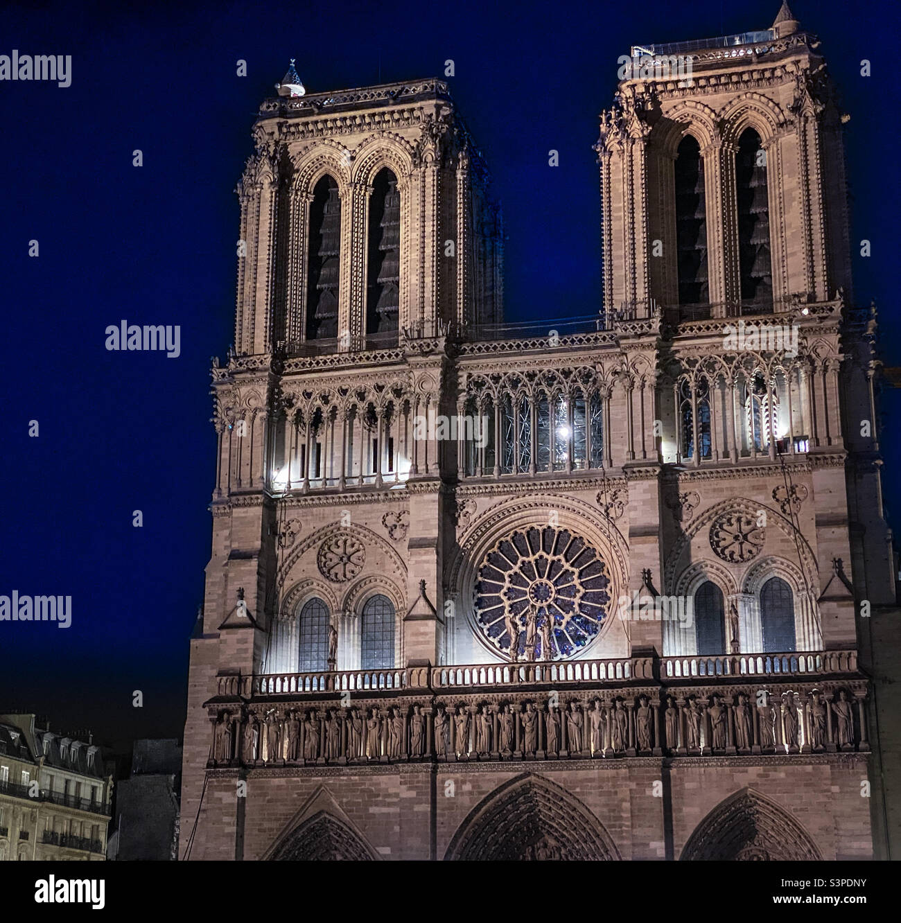 The historic Notre Dame Cathedral in Paris at night - Smartphone Captured Stock Image