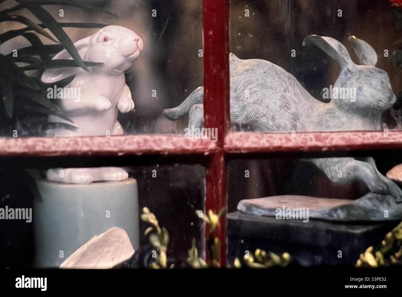 Rabbit sculptures door stoppers in window display New England - Smartphone Captured Stock Image