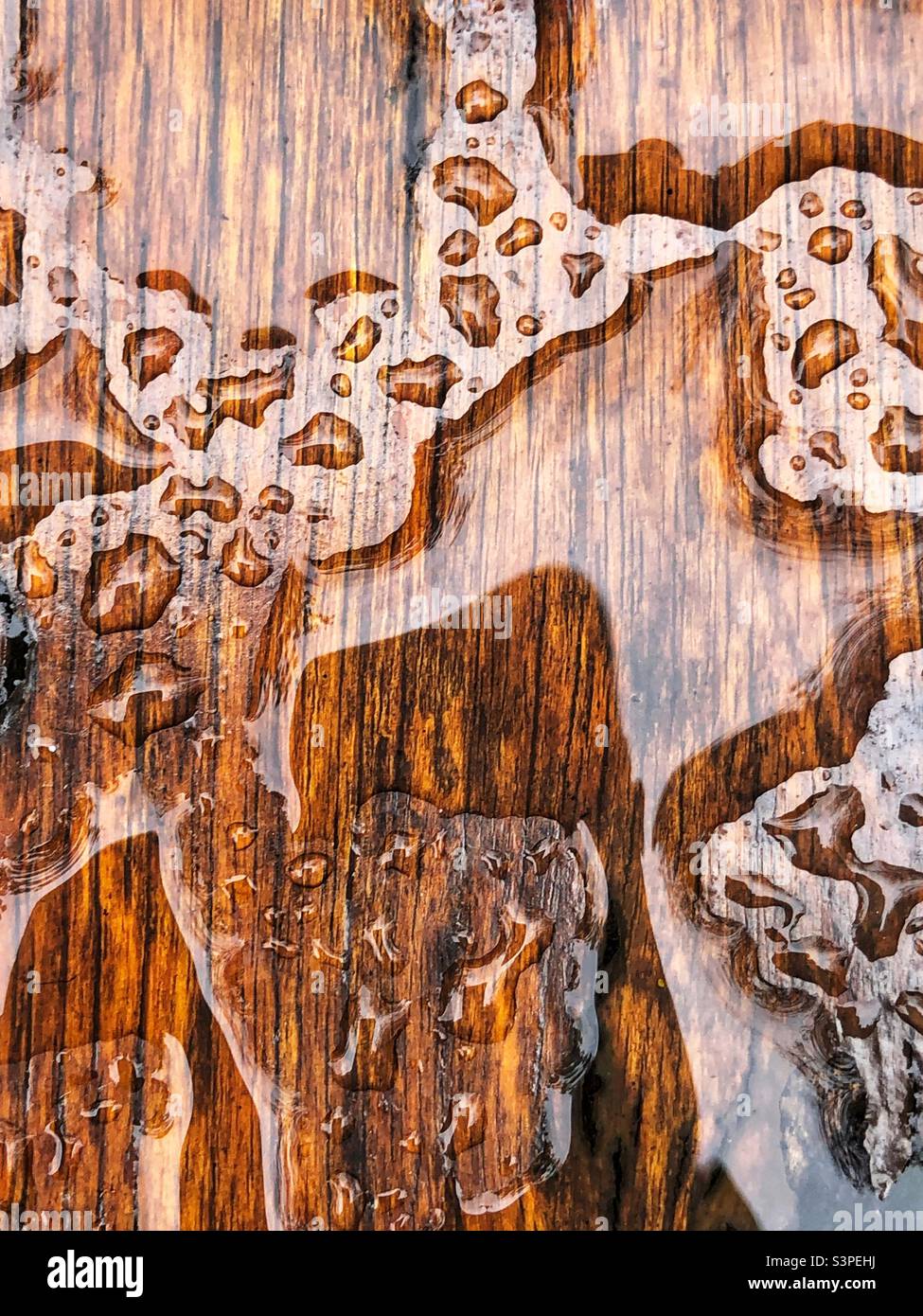Outdoor wooden bench covered in raindrops - Smartphone Captured Stock Image