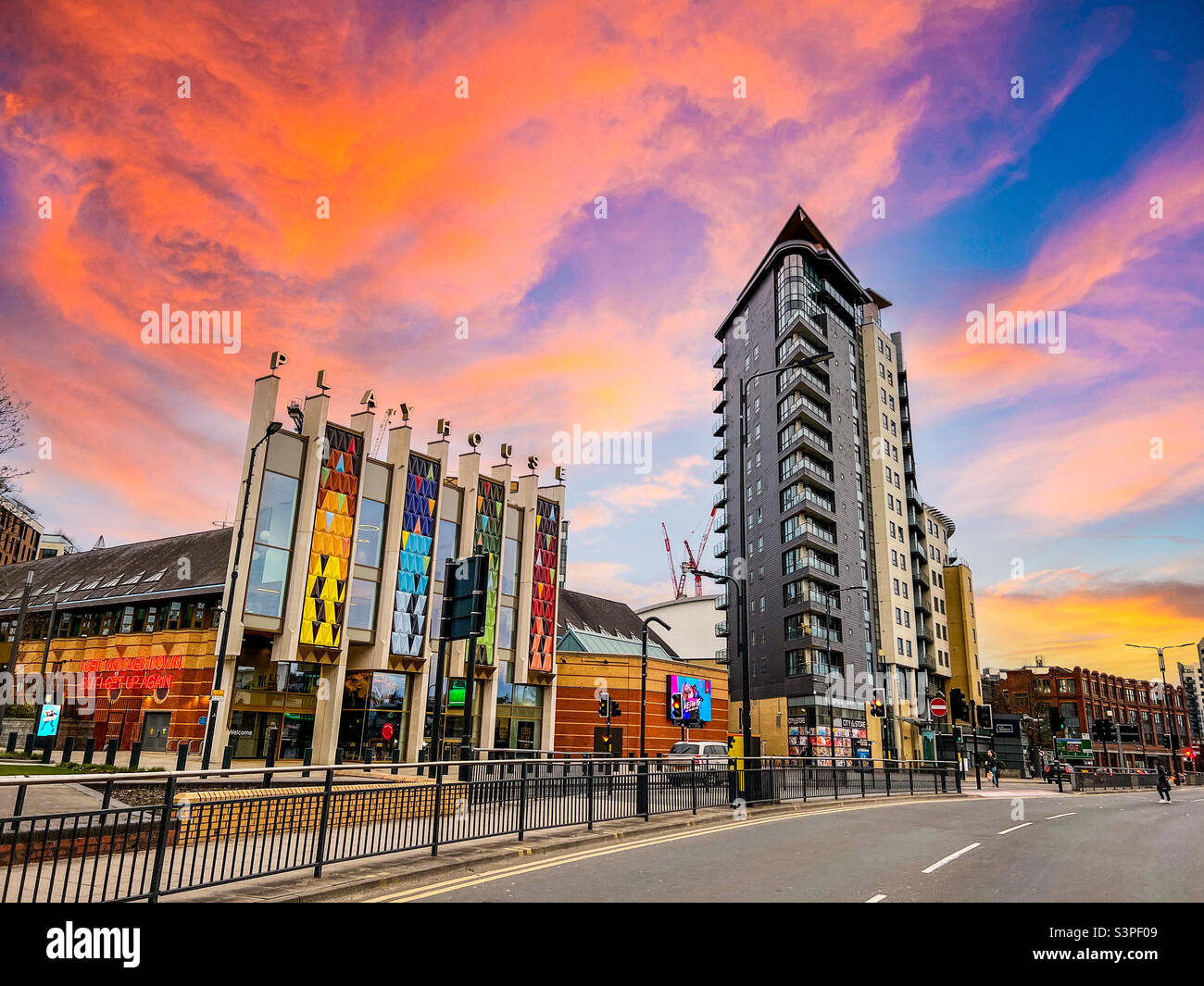 West Yorkshire playhouse and skyline apartments on St. Peter’s street in Leeds Stock Photo