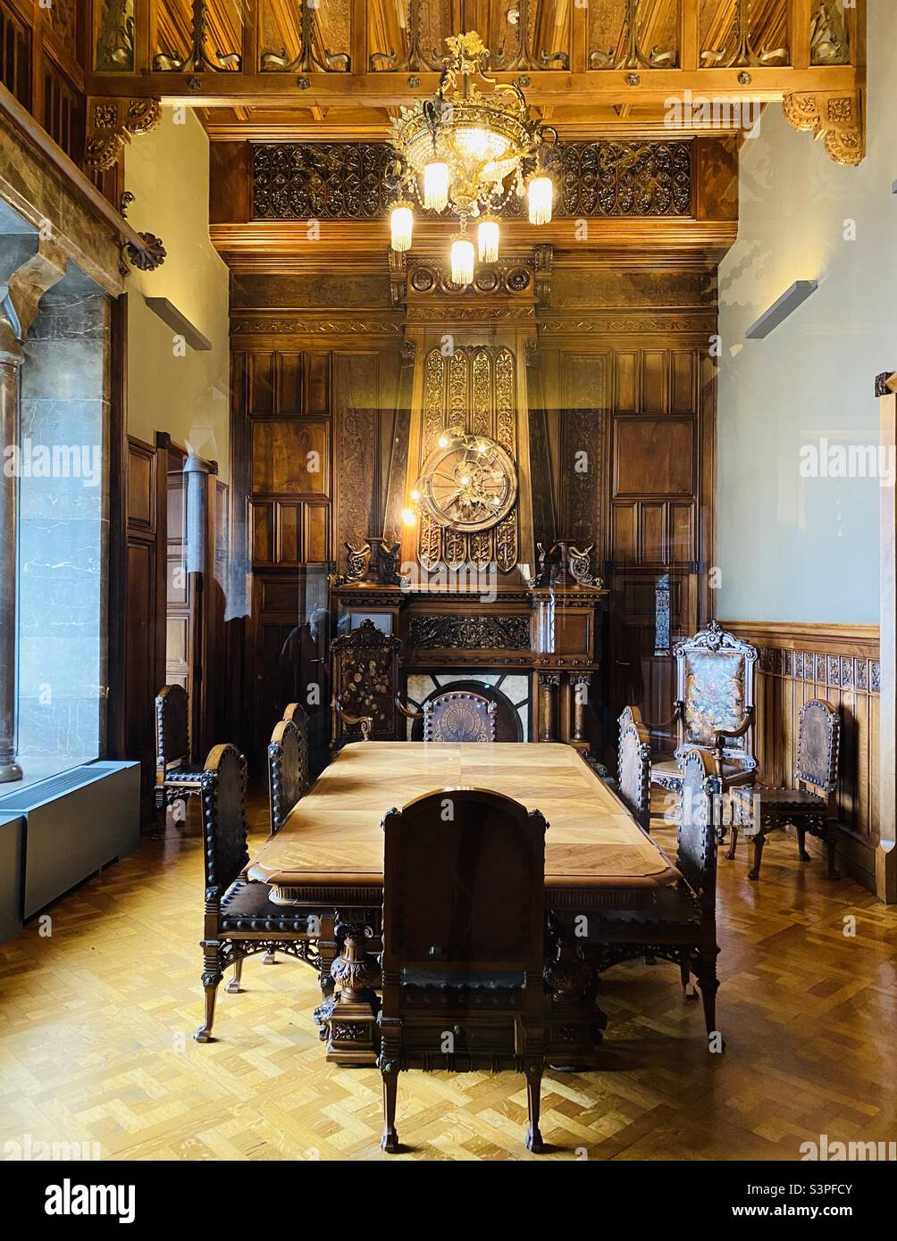 Dining room at Palau Güell, an UNESCO World Heritage Site at Barcelona, Catalunya, Spain, Europe. 15 March 2022. - Smartphone Captured Stock Image