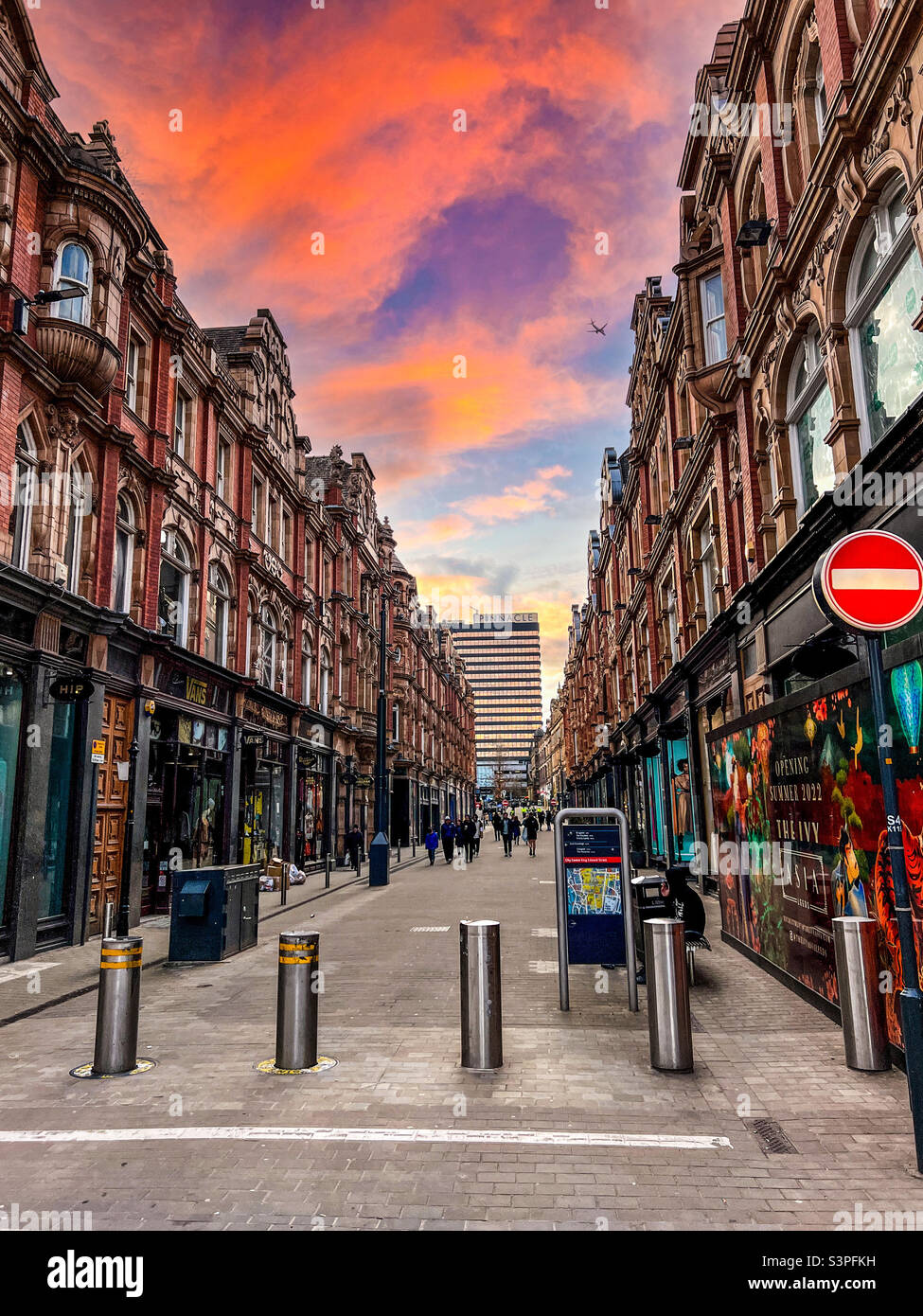 View along the shopping and architecture of Vicar Lane in Leeds city centre in West Yorkshire Stock Photo
