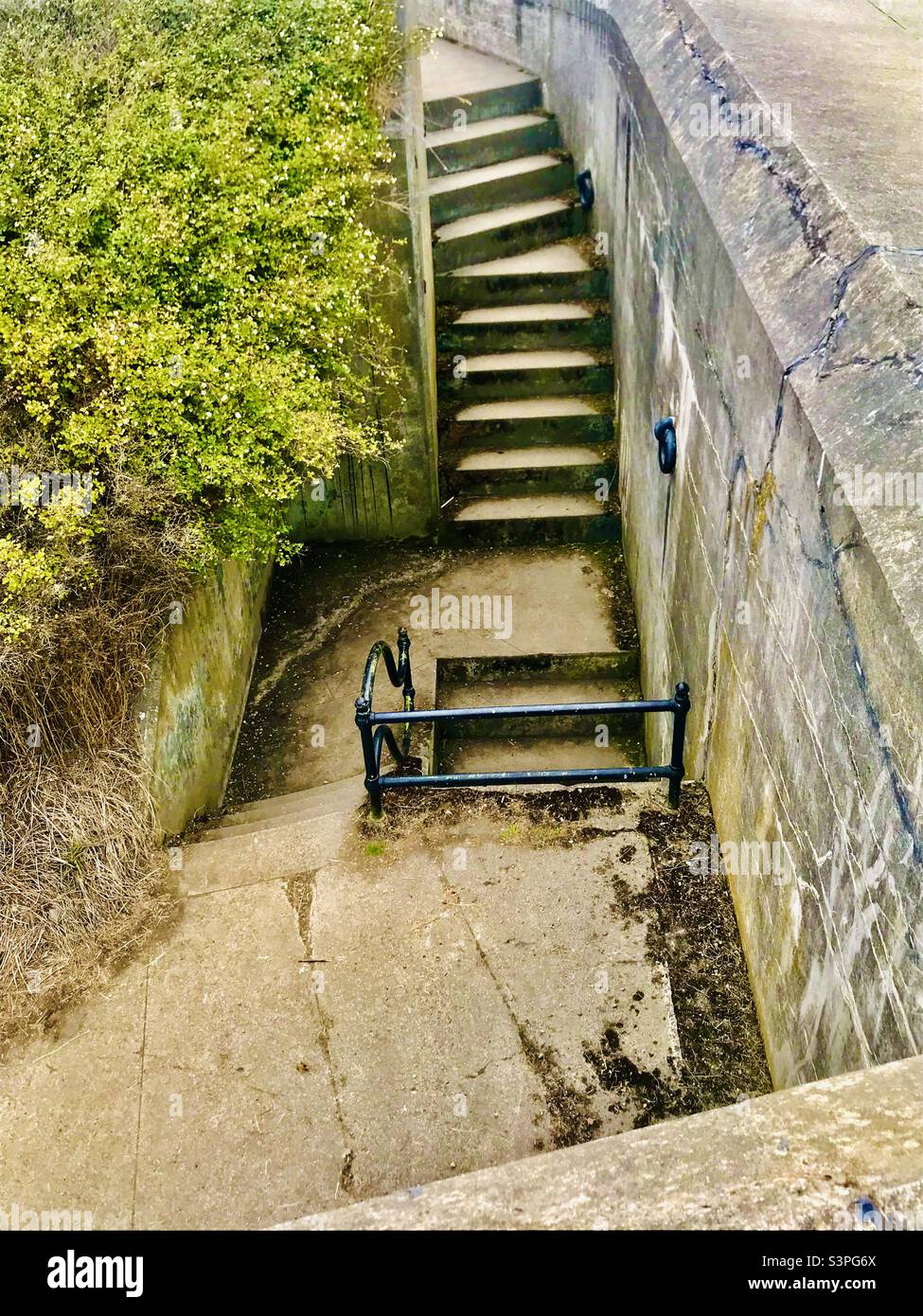 An abandon and overgrown staircase leads from a military bunker at Fort Casey State Park near Seattle Washington Stock Photo