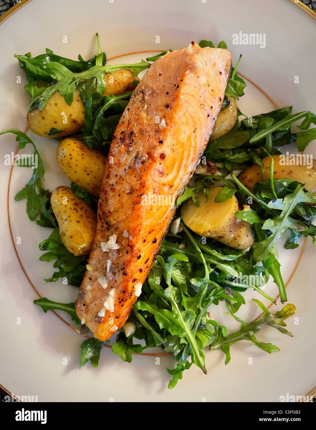 Close Up of Grilled Salmon and New Potato Entree,, USA - Smartphone Captured Stock Image