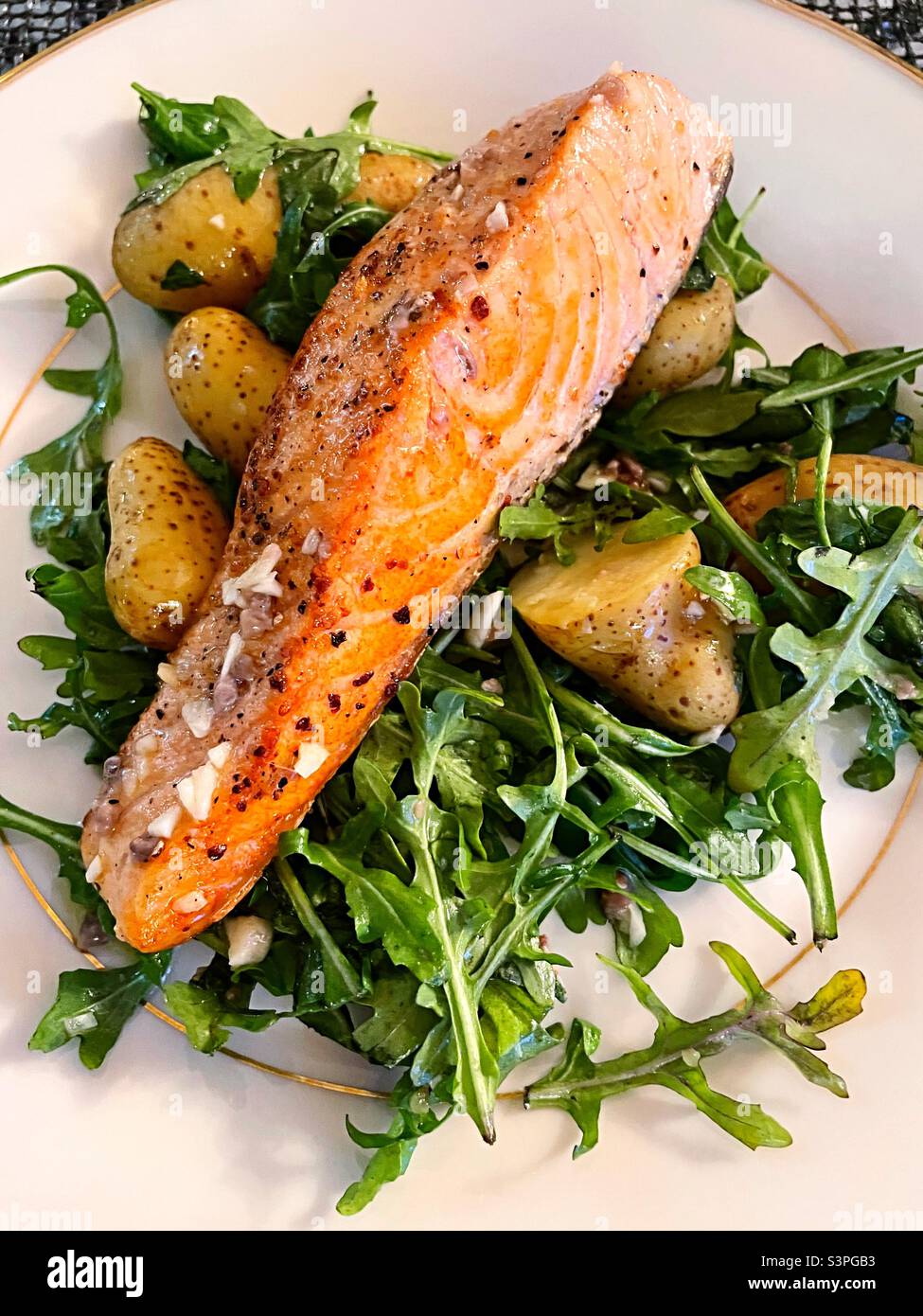 Close Up of Grilled Salmon and New Potato Entree,  USA - Smartphone Captured Stock Image