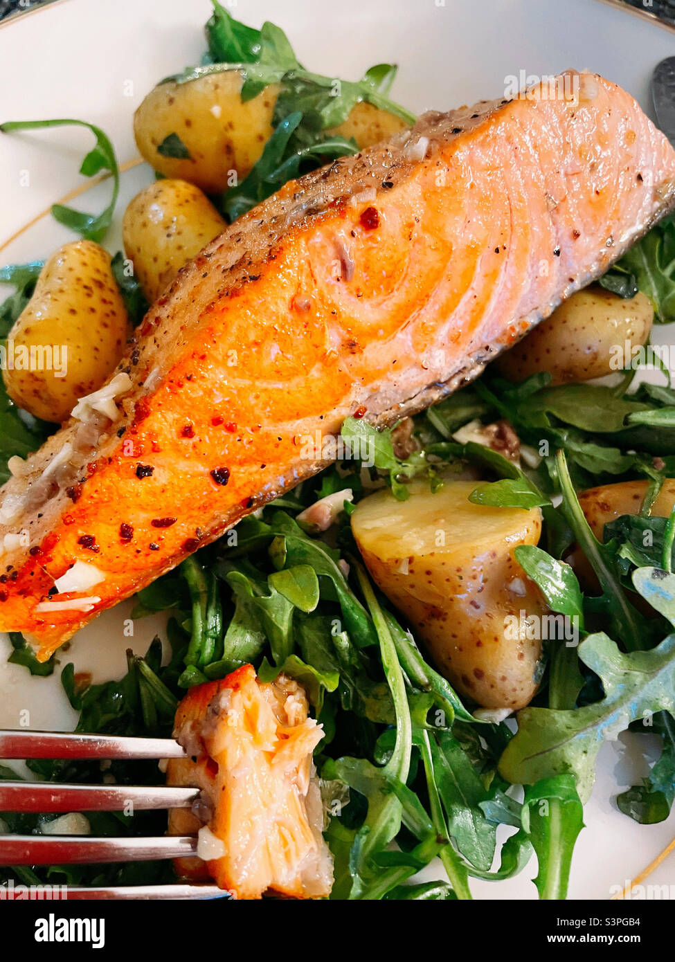 Close Up of Grilled Salmon and New Potato Entree,  USA - Smartphone Captured Stock Image