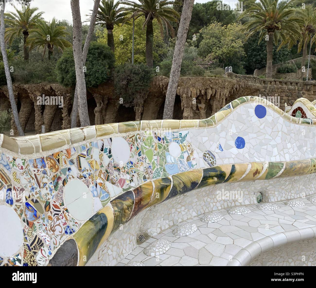 The bench on the esplanade at Park Güell, Barcelona, Catalunya, Spain, Europe. March 2022. - Smartphone Captured Stock Image