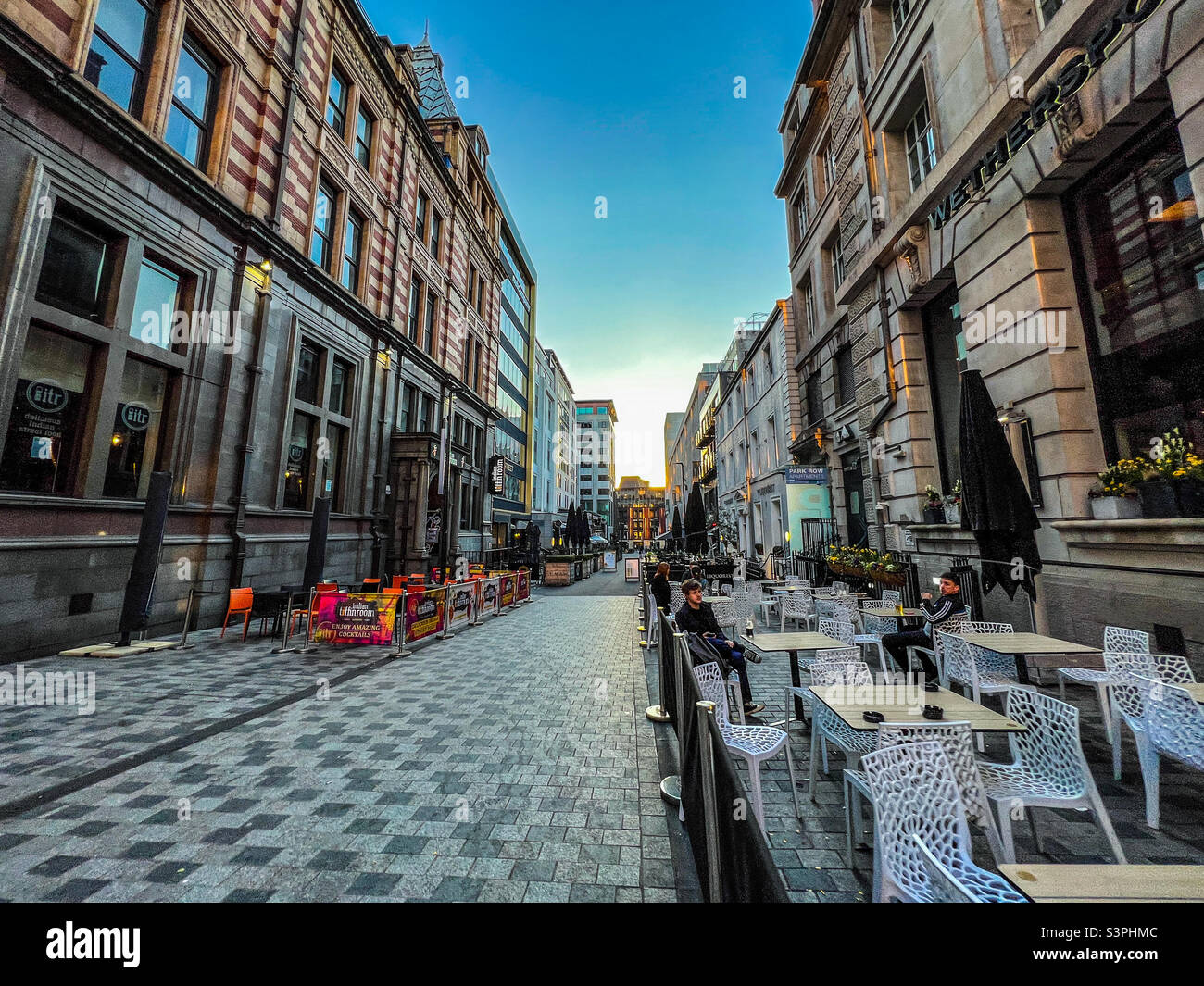 View of Greek Street drinking and bars in Leeds city centre Stock Photo