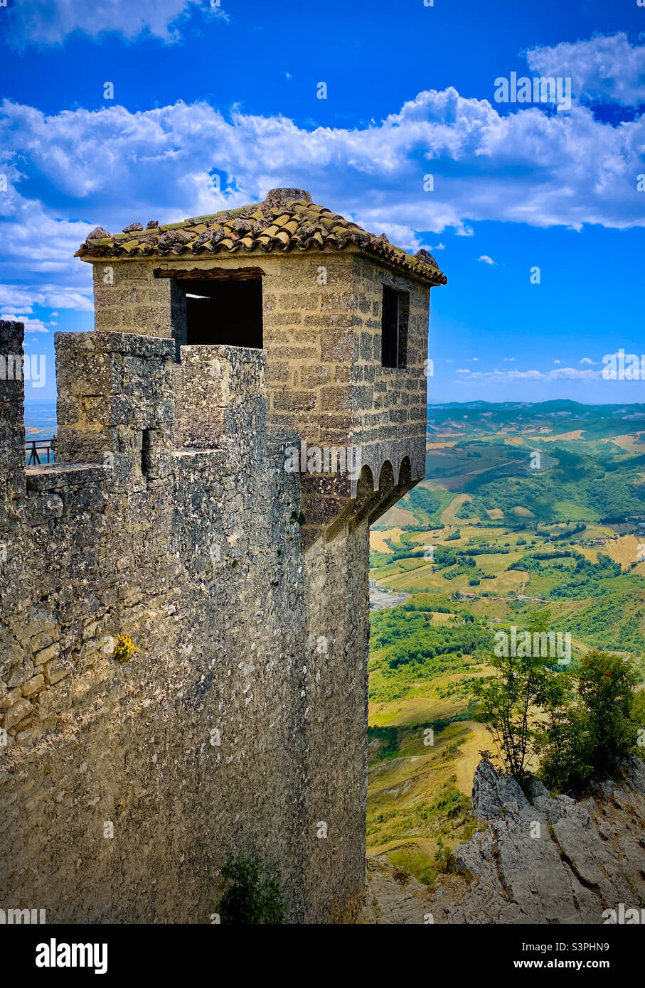 Castle watchtower of the Fortress in San Marino perched above Mount Titano Stock Photo