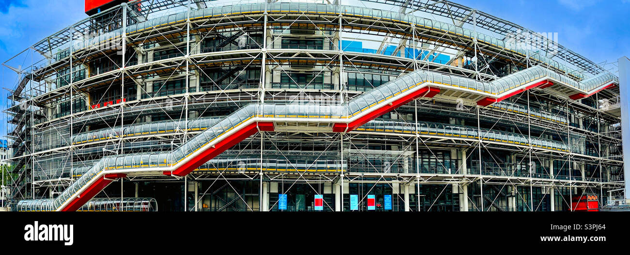 Centre Pompidou in Paris, an icon of modern architecture showcasing a revolutionary inside-out design, and houses the Musee National d’Arte Moderne, IRCAM, and Bibliotheque publique de information - Smartphone Captured Stock Image