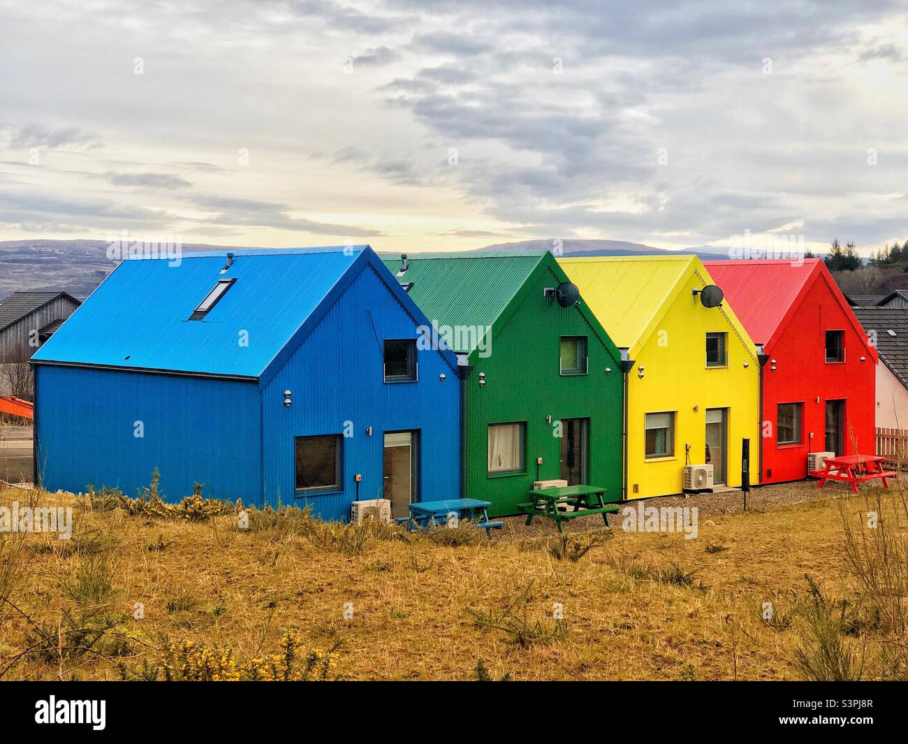 Four coloured houses, Tobermory, Isle of Mull, Scotland - Smartphone Captured Stock Image