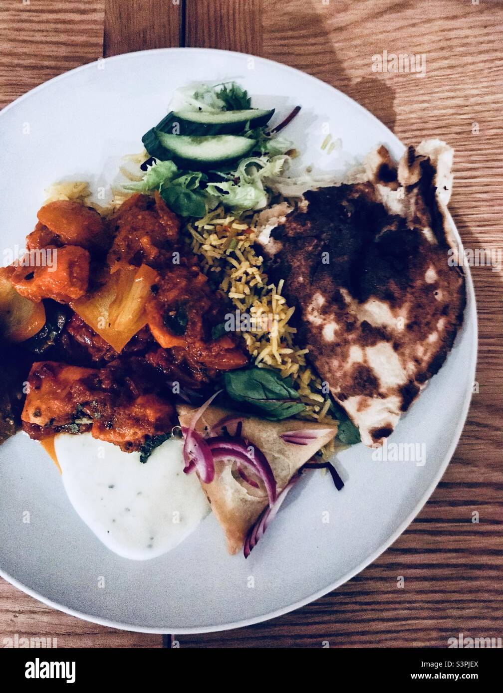 Indian Takeaway Feast Chicken Dopiaza Curry, meat samosa, mushroom pilau rice, Peshwari naan