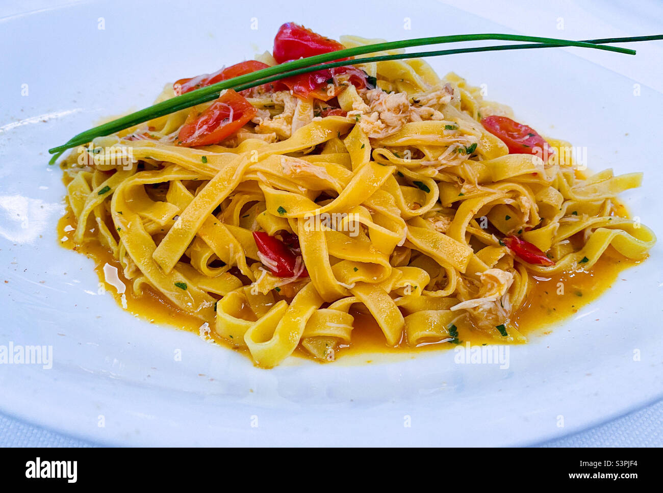 Gourmet fettuccine with tomatoes and tuna - Smartphone Captured Stock Image