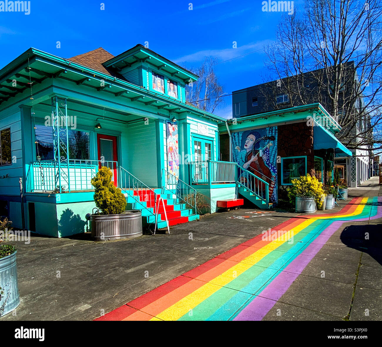 the display of pride in front of the colorful Frock Boutique Store in the funky, artsy, hipster and diverse neighborhood of Alberta Arts District in Portland, Oregon. Stock Photo