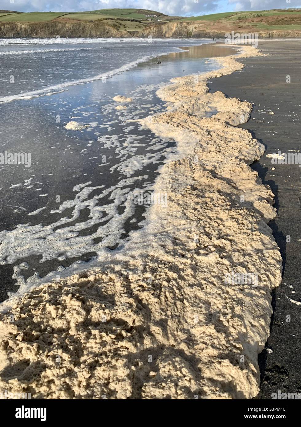 Sea foam on shoreline of beach Stock Photo
