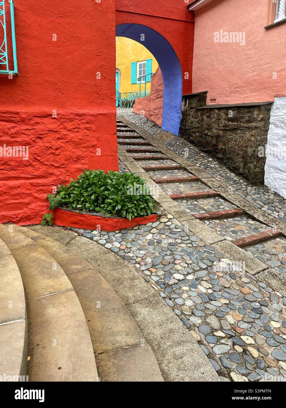 Detail of steps and colourful walls at Portmeirion, Gwynedd, North Wales. Stock Photo