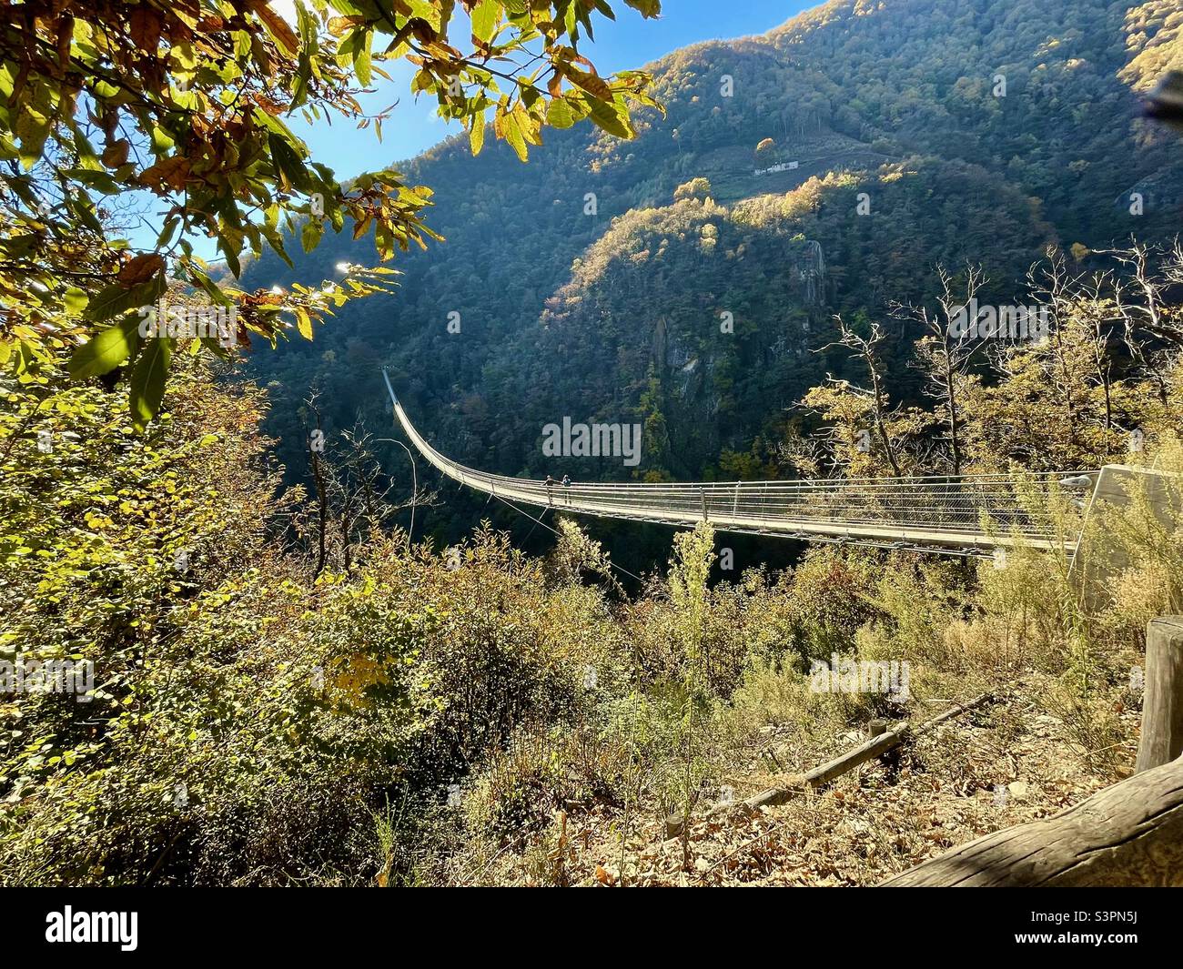 Tibetan Suspensionbridge at Curzutt, Bellinzona, Ticino, Switzerland Stock Photo
