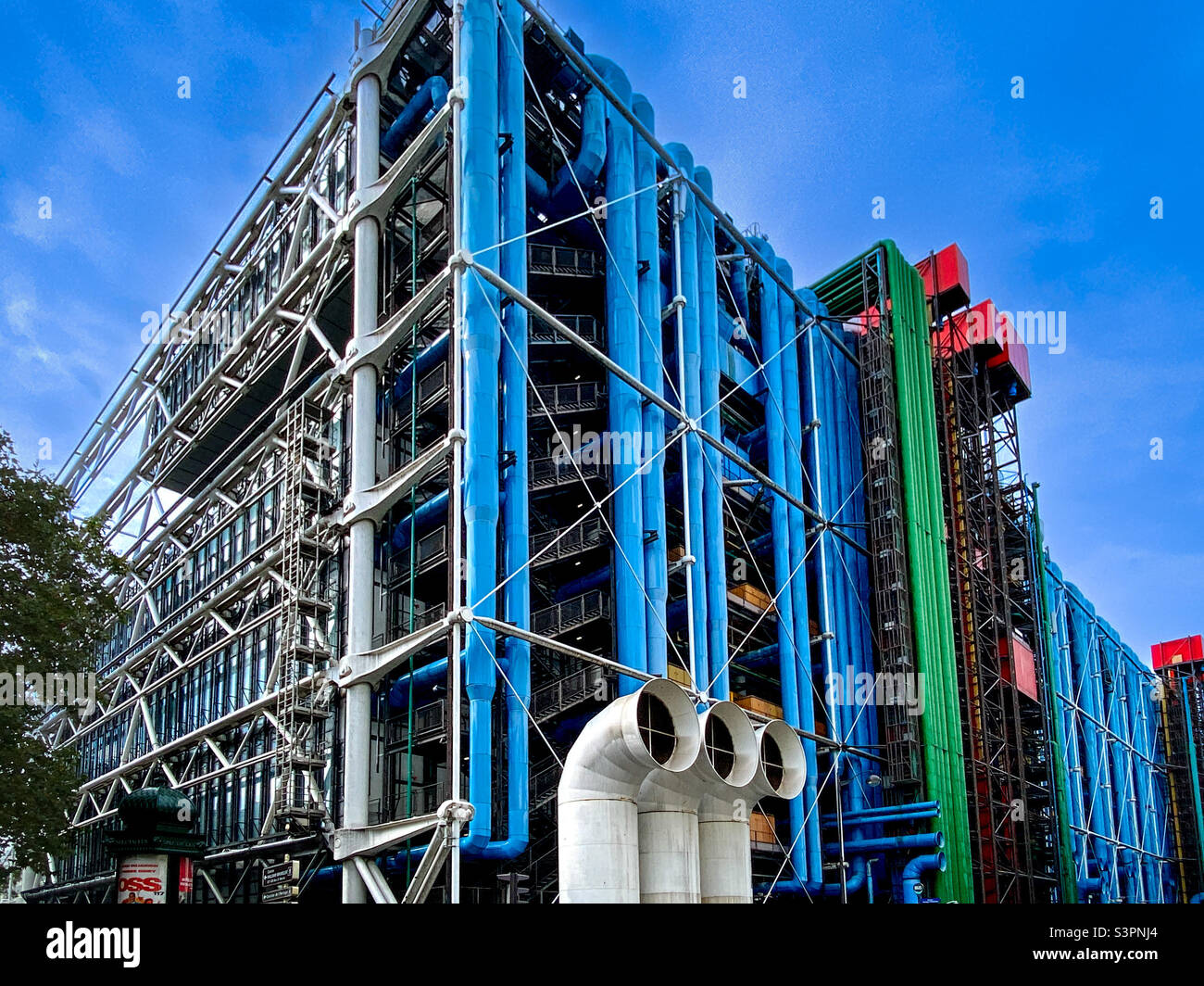 Centre Pompidou in Paris, an icon of modern architecture showcasing a revolutionary inside-out design, and houses the Musee National d’Arte Moderne, IRCAM, and Bibliotheque publique de information Stock Photo