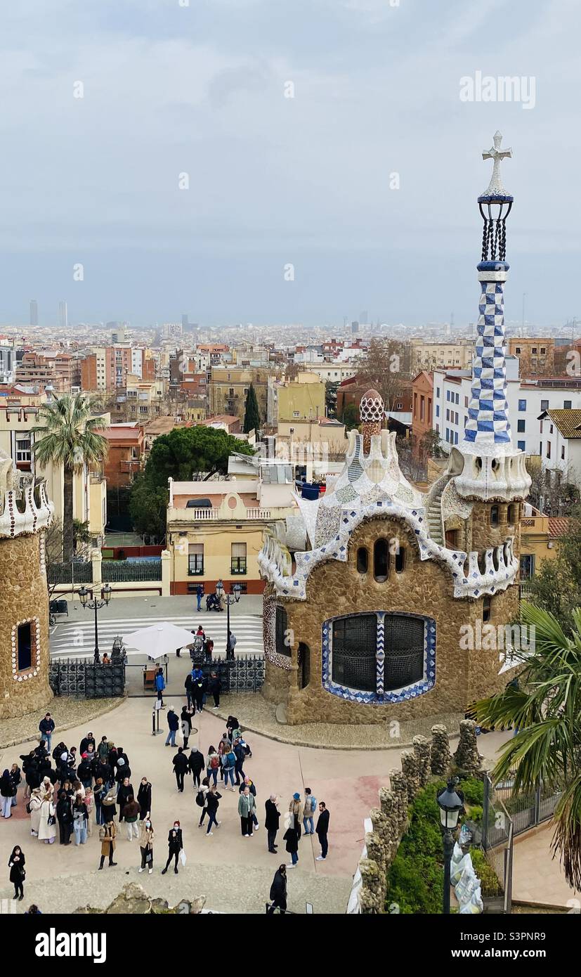 View of the Mushroom House and the city of Barcelona, Catalunya, Spain, Europe, from the plaza at Parc Güell. March 2022. Stock Photo