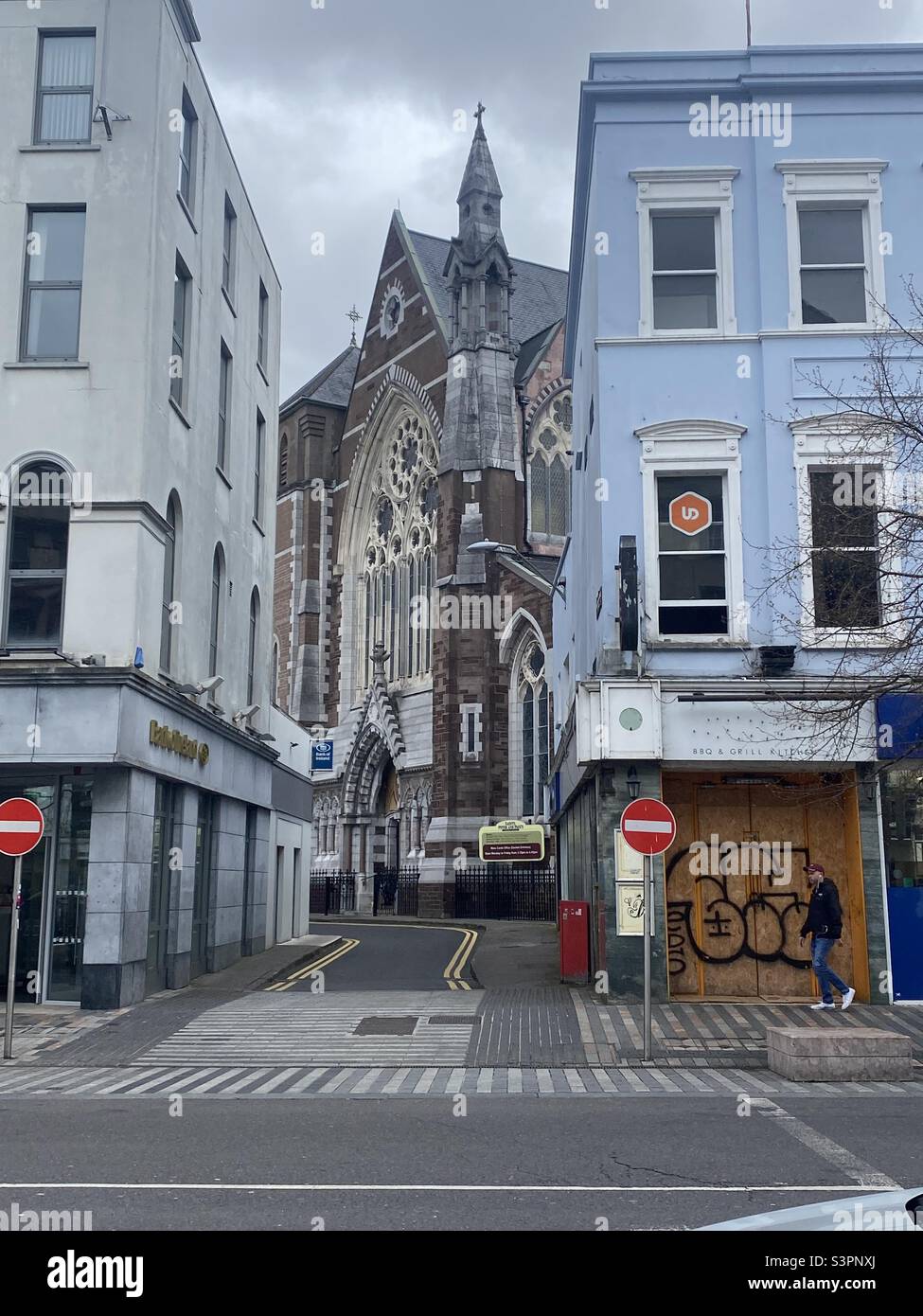 Church between shops, Cork City Ireland - Smartphone Captured Stock Image