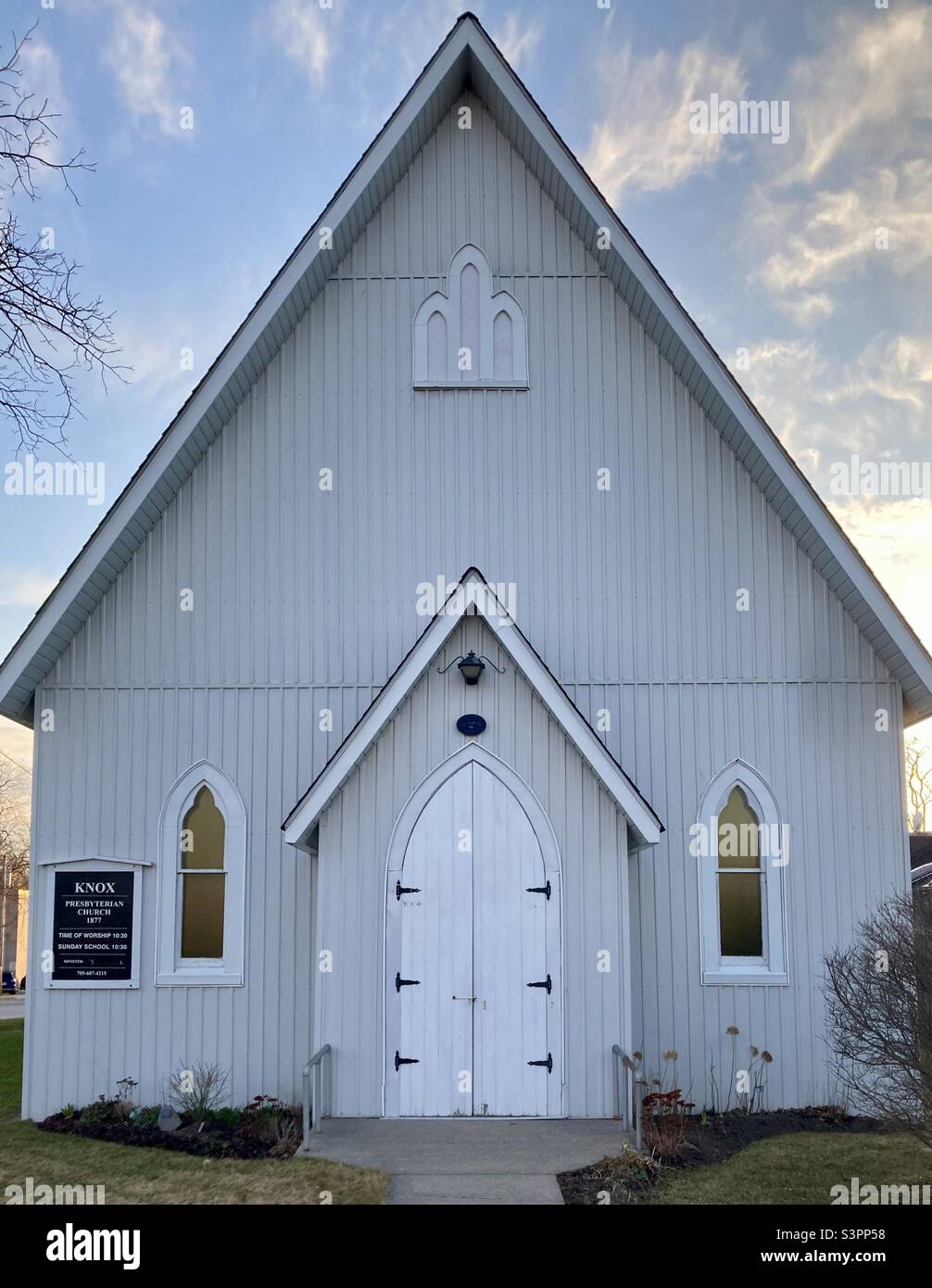 An evening with the Knox Presbyterian Church built in 1877 in Gravenhurst. - Smartphone Captured Stock Image
