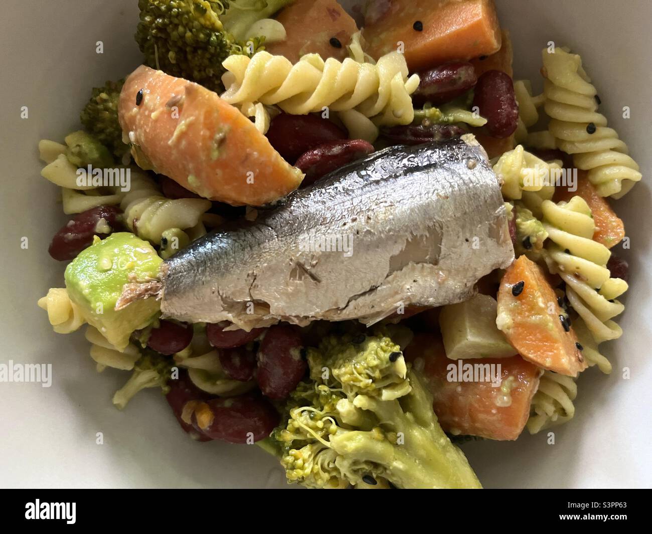 Sardine in pasta salad - Smartphone Captured Stock Image