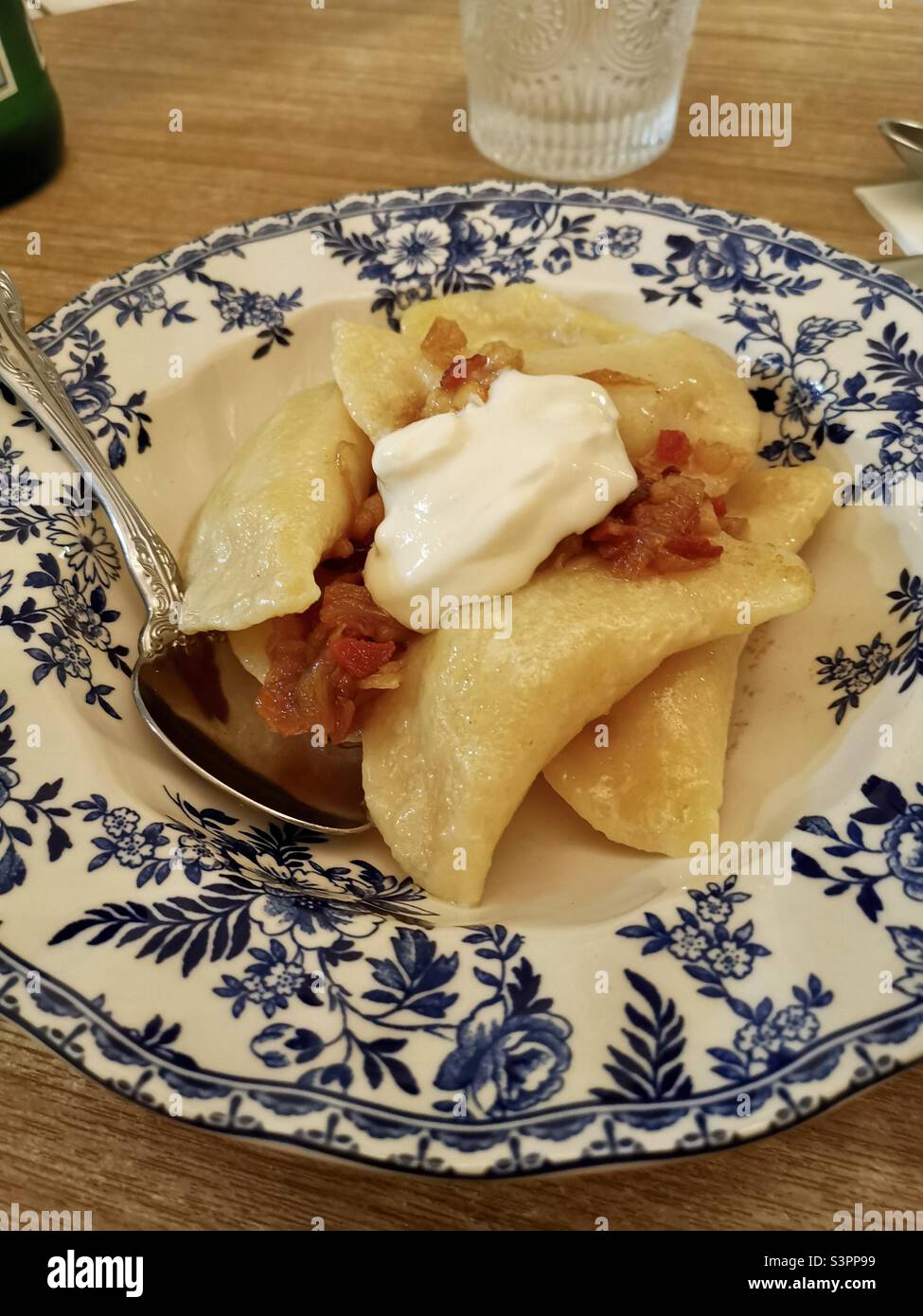 Ukrainian Verenyky - dumplings with mashed potato. Stock Photo