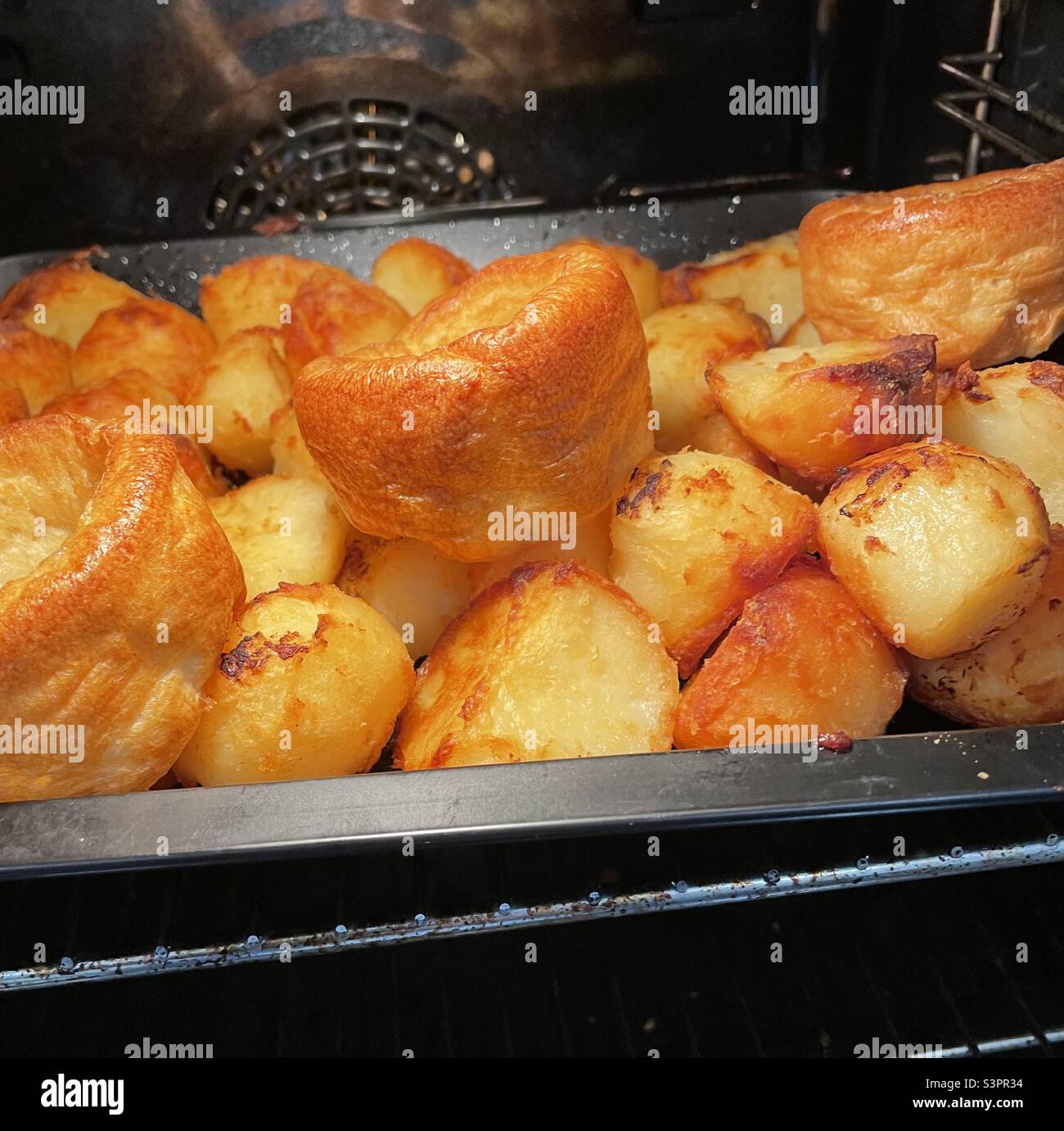 Roast potatoes and Yorkshire puddings in a fan oven for Sunday lunch - Smartphone Captured Stock Image