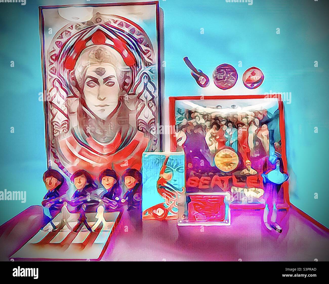 Beatles, and other music-related memorabilia from the 60s, is displayed on a table in a home in Utah, USA. The IOS app GoArt was used to create this pop art styled design. - Smartphone Captured Stock Image