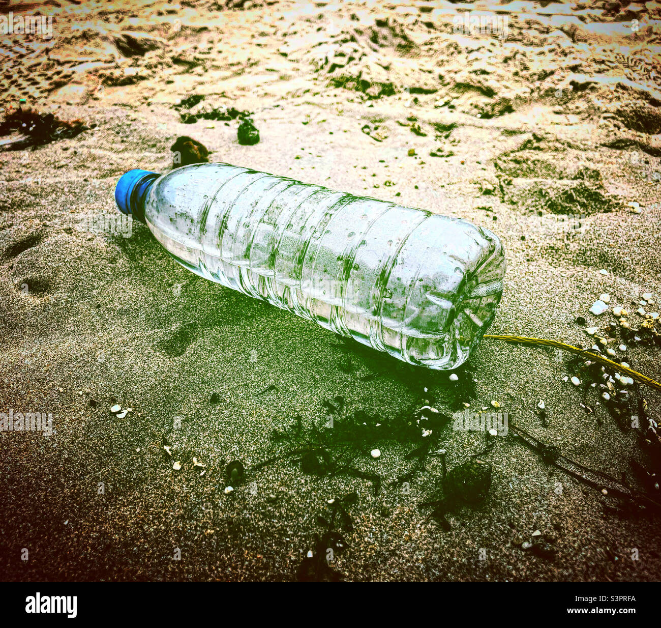 water bottle waste trash on the sand on the beach pollution Stock Photo