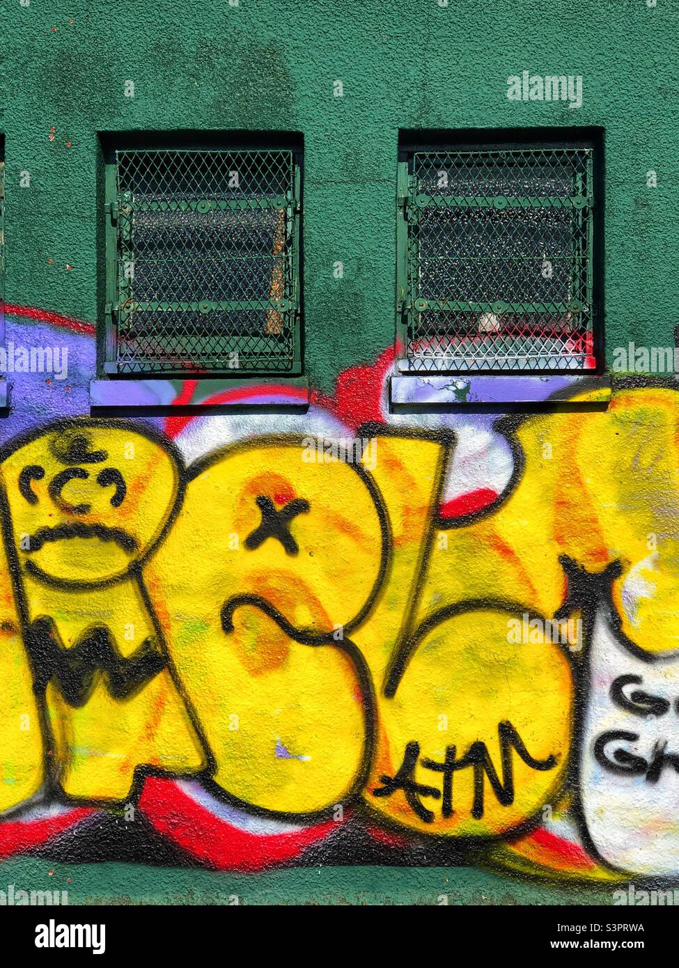 Graffitied wall on a green outbuilding - Smartphone Captured Stock Image