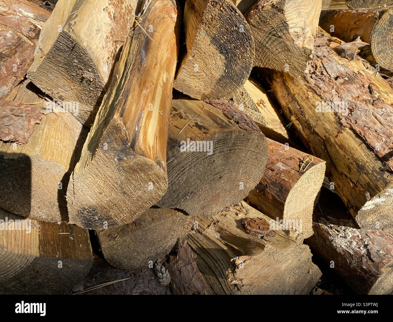 Background of chopped wood lying on top of each other. Pile of chipped wood close-up - Smartphone Captured Stock Image