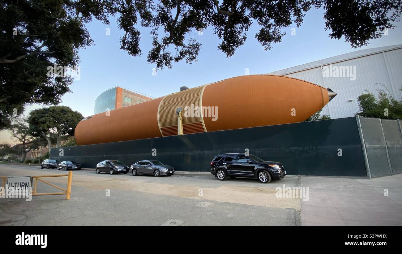 LOS ANGELES, CA, MAR 2021: liquid fuel tank from Space Shuttle Endeavour, visible from street outside the California Science Center Stock Photo