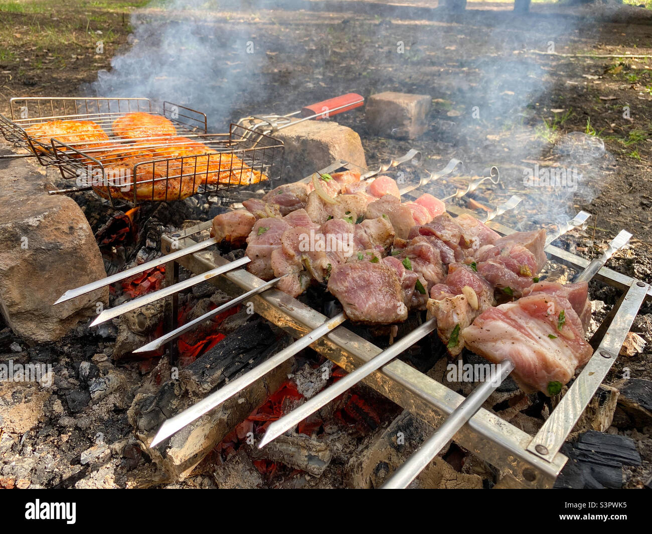 Roasts pork shish kebab and chicken shish kebab in nature.  Roasting pork skewers on skewers and roasting chicken skewers on a grill on an open fire flame - Smartphone Captured Stock Image