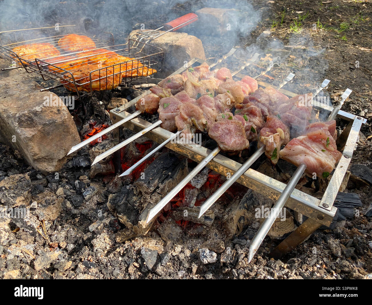 Roasts pork shish kebab and chicken shish kebab in nature.  Roasting pork skewers on skewers and roasting chicken skewers on a grill on an open fire flame - Smartphone Captured Stock Image