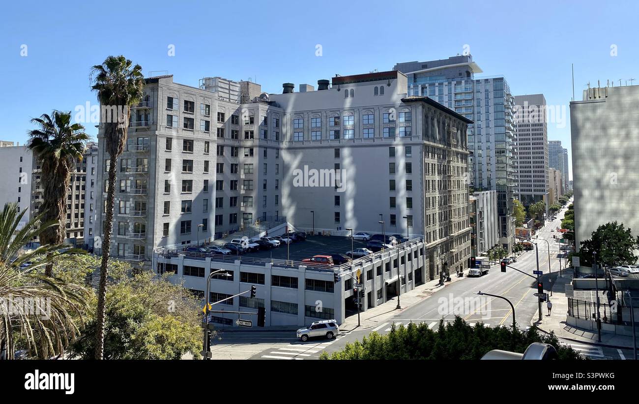 LOS ANGELES, CA, MAR 2021: apartment building converted from 1920s offices over former subway terminal in Downtown, near Bunker Hill - Smartphone Captured Stock Image