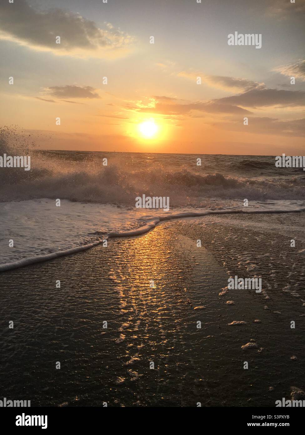 Sunrise, sea, golden, waves, splash, sun, energy, chi - Smartphone Captured Stock Image
