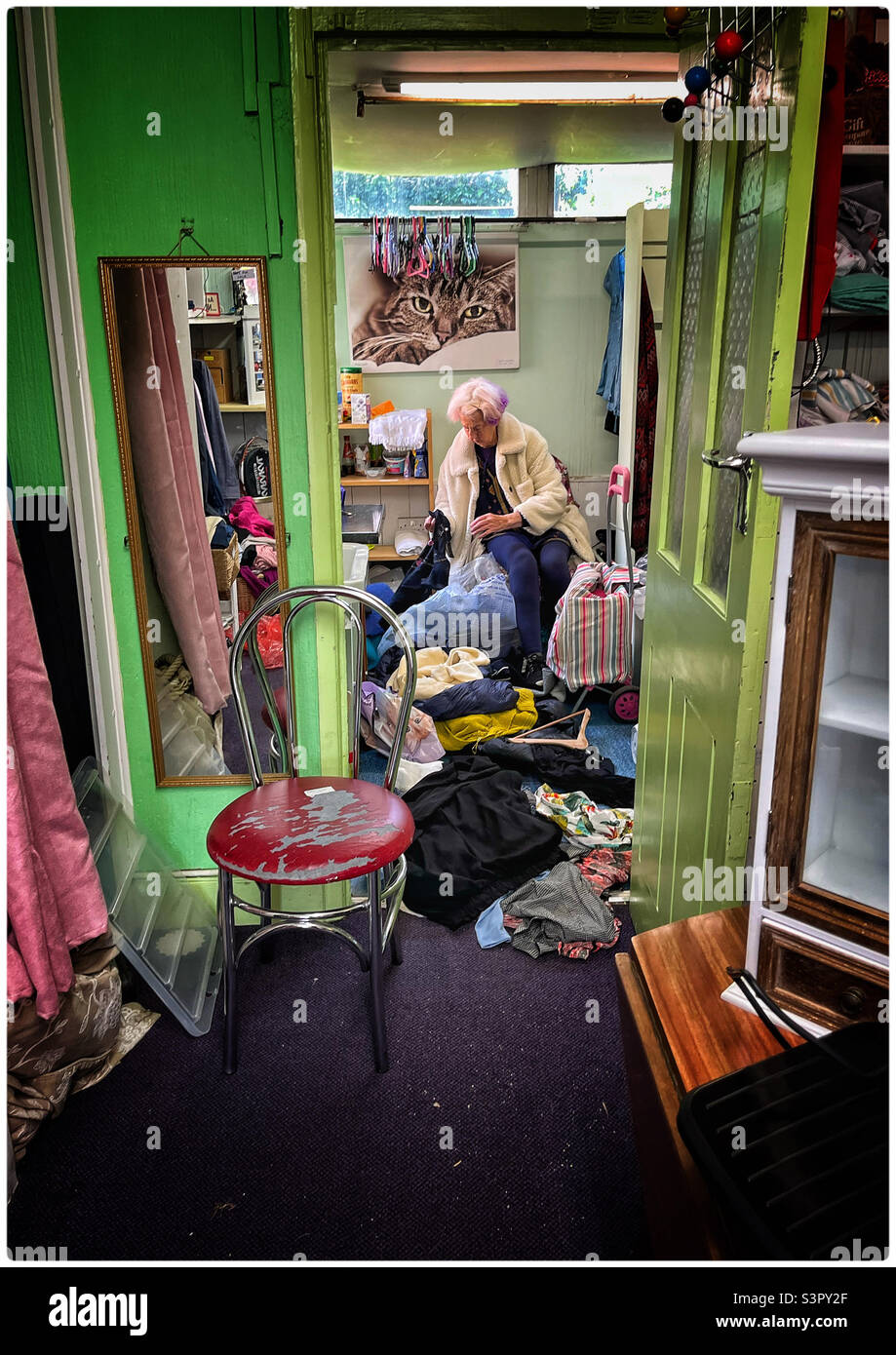 Charity shop worker in East Finchley - Smartphone Captured Stock Image