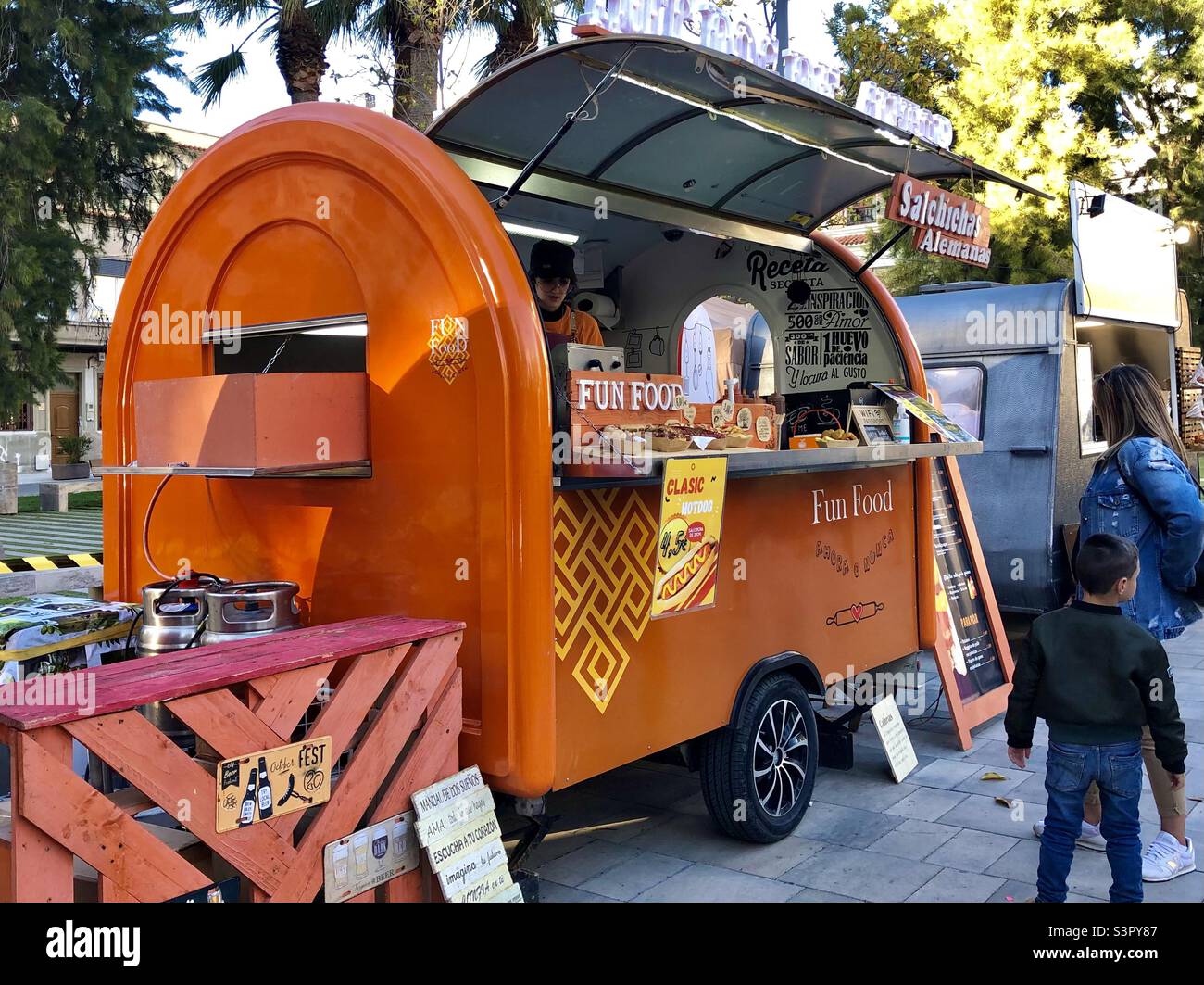 Hot dog stand at street food market in Elda, Alicante, Spain. Stock Photo