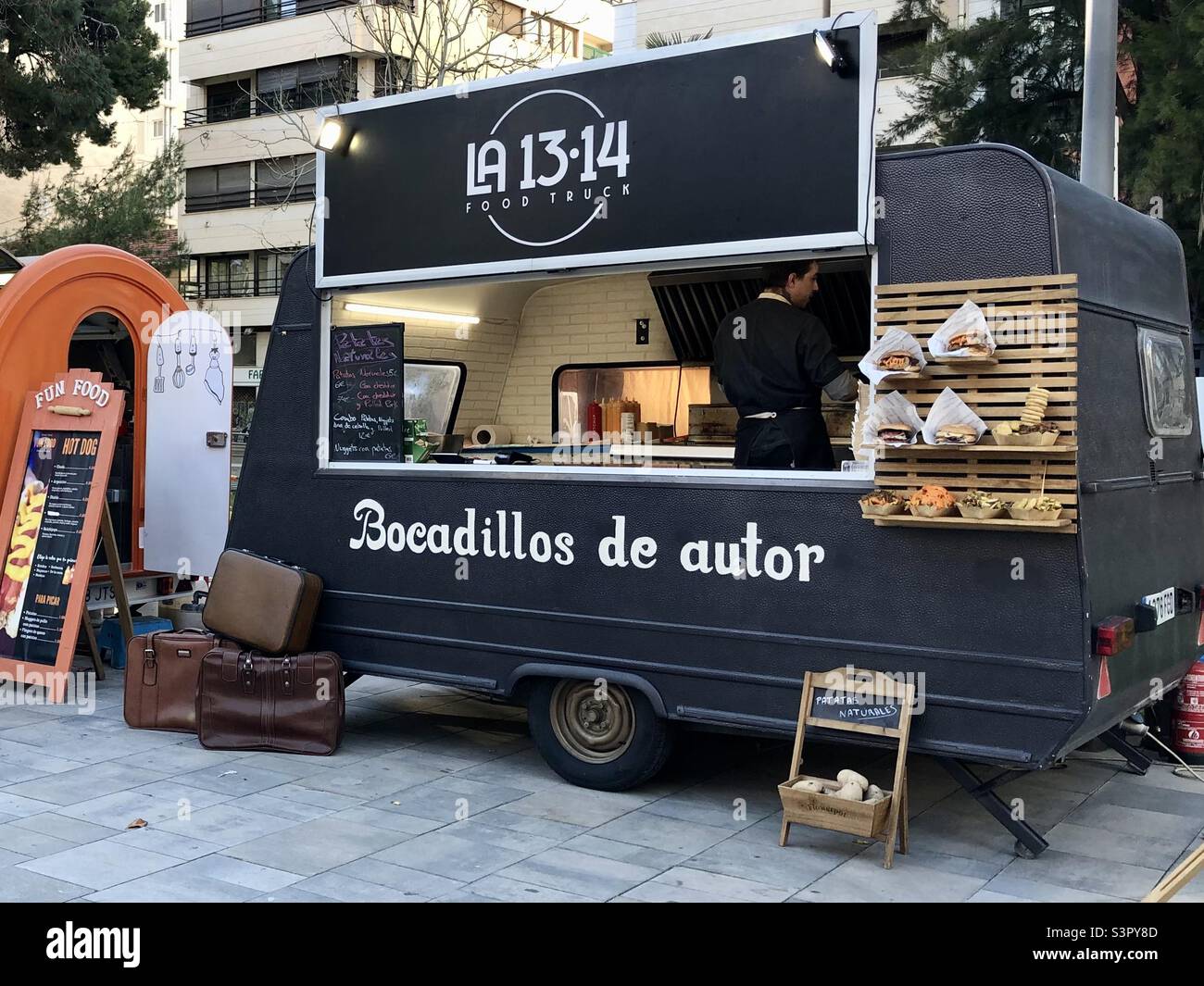 Food truck at street food market in Elda, Alicante, Spain. Stock Photo