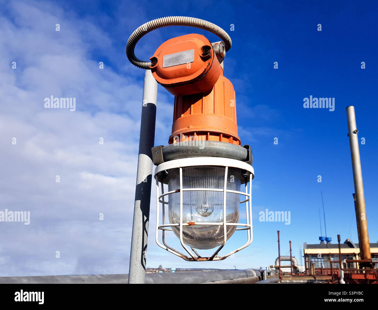 Explosionproof lantern at a dangerous production facility closeup