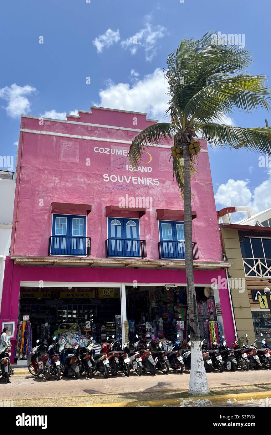 Souvenirs shop with motorcycles outside in Cozumel Mexico - Smartphone Captured Stock Image
