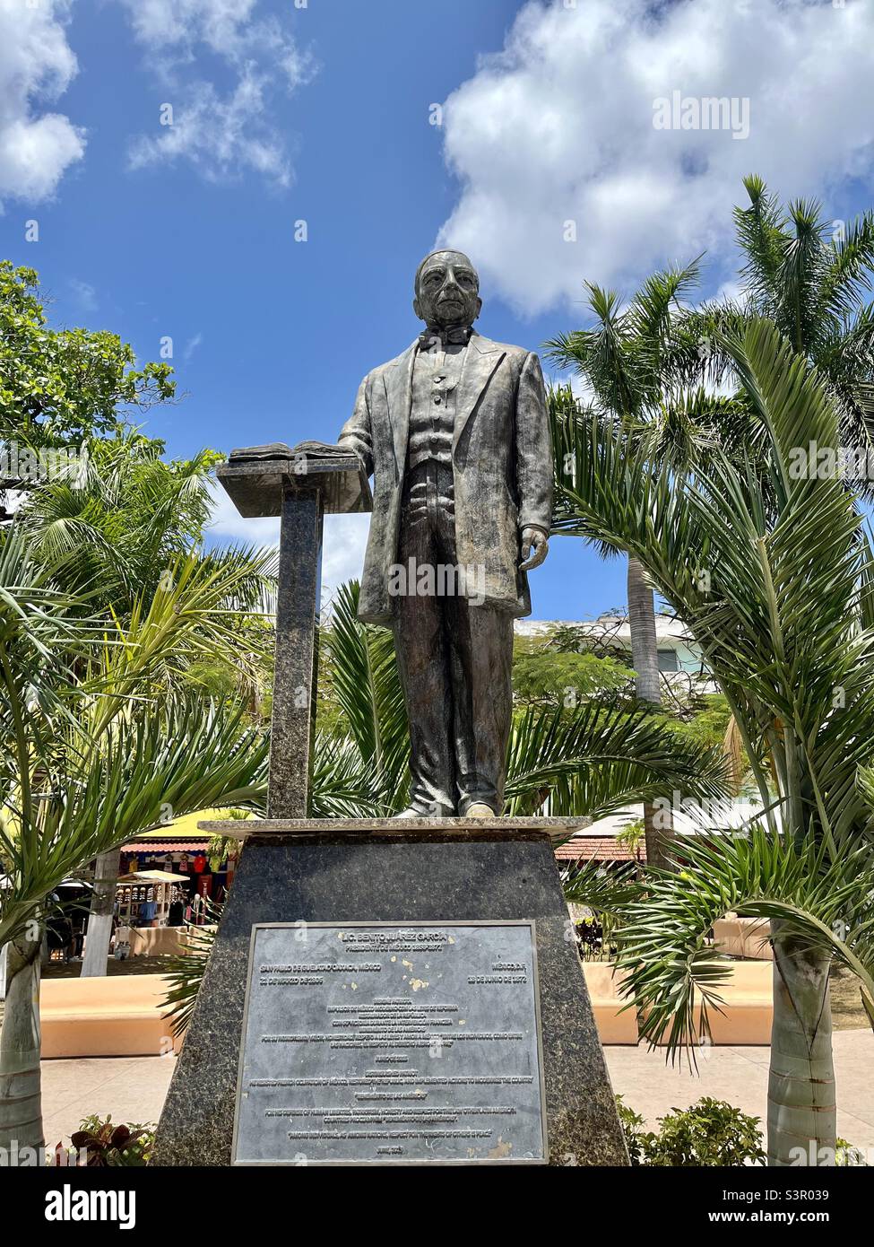 Benito Juárez Garcia statue in the plaza of San Miguel, Cozumel, Mexico. He was President from 1858 to 1872. He was a liberal politician and lawyer he looked to the US rather than Europe. - Smartphone Captured Stock Image