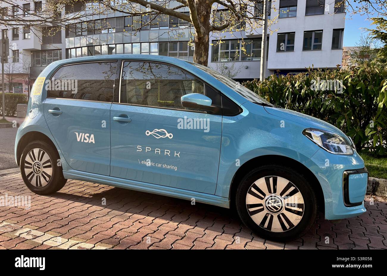 Volkswagen E-up!, blue Volkswagen, electric car, Spark car sharing scheme, car share, car sharing, Sofia Bulgaria, Eastern Europe, Balkans, EU - Smartphone Captured Stock Image